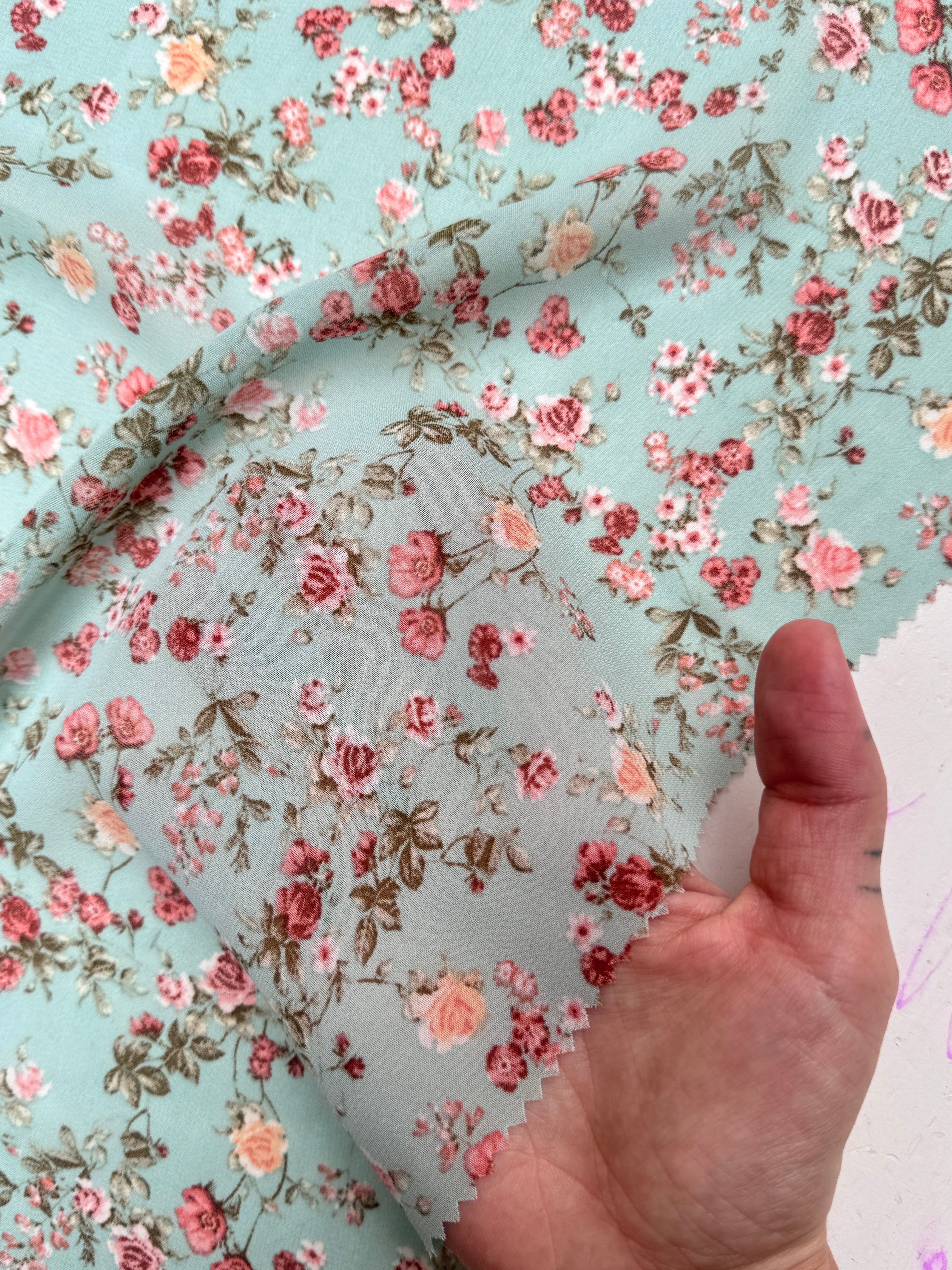 Mint mini flowers print Hi Multi Chiffon, online textile store, sewing, fabric store, sewing store, cheap fabric store, kiki textiles