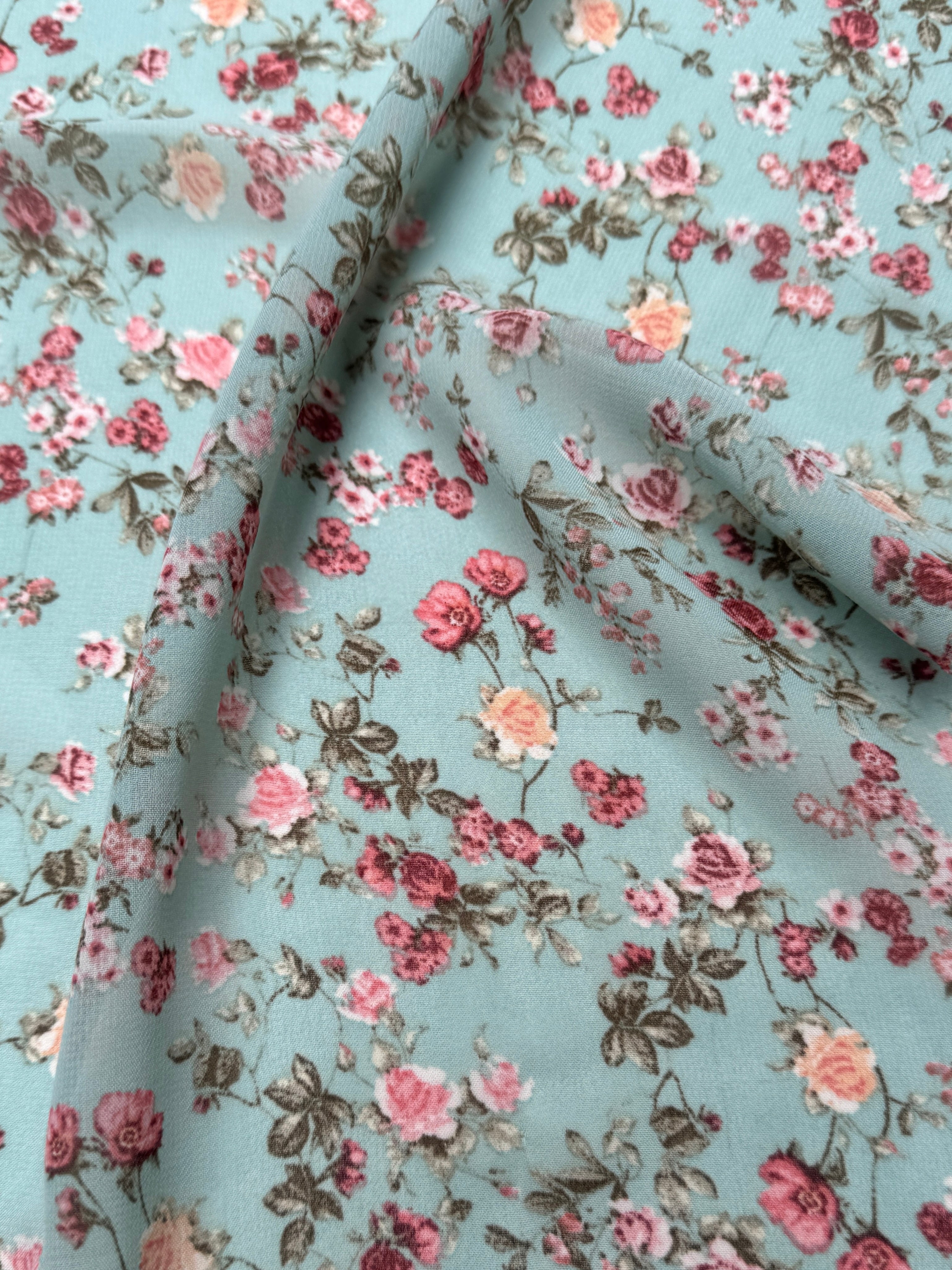 Mint mini flowers print Hi Multi Chiffon, Blush crystal chiffon, pink crystal chiffon for woman, chiffon for bride, premium chiffon, chiffon in low price, chiffon for party wear, chiffon for gown