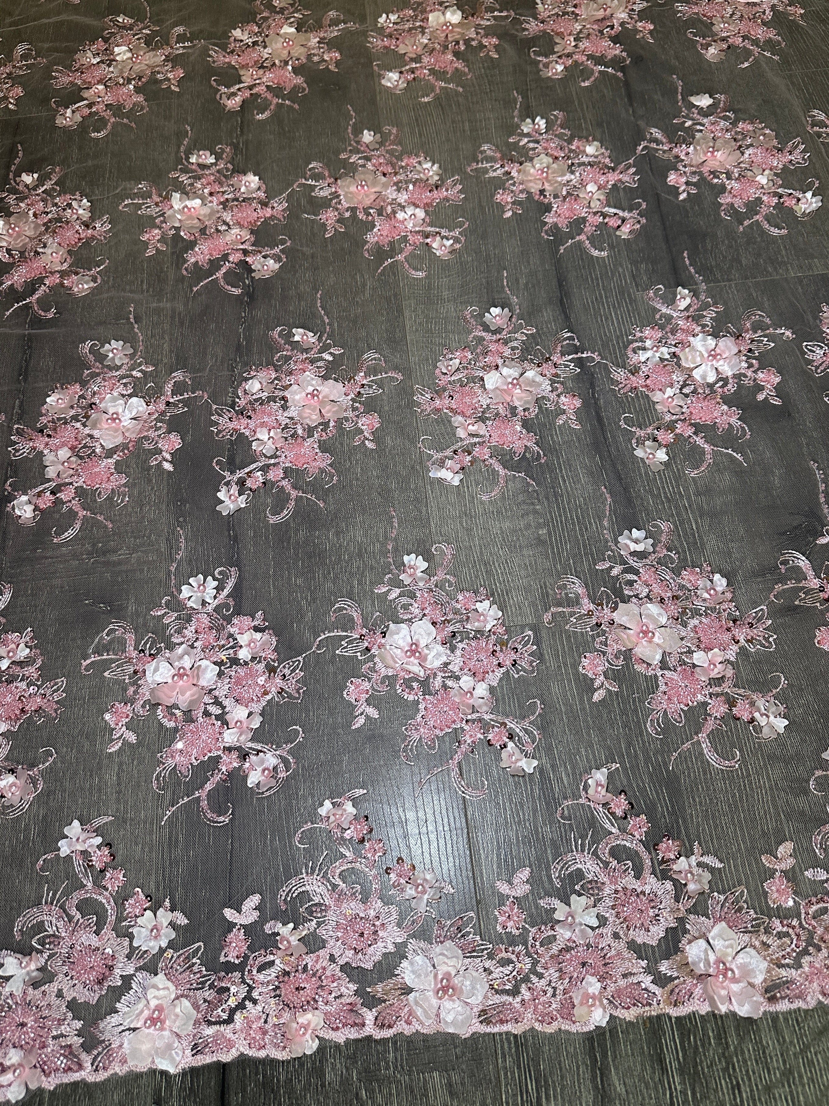 Baby Pink 3D Floral Embroidered Beaded Tulle Lace, Embroidered Lace, Beaded Tulle Lace, Tulle for Wedding Dress, Pearl Material, Tulle Fabric, Tulle Lace Dress Woman