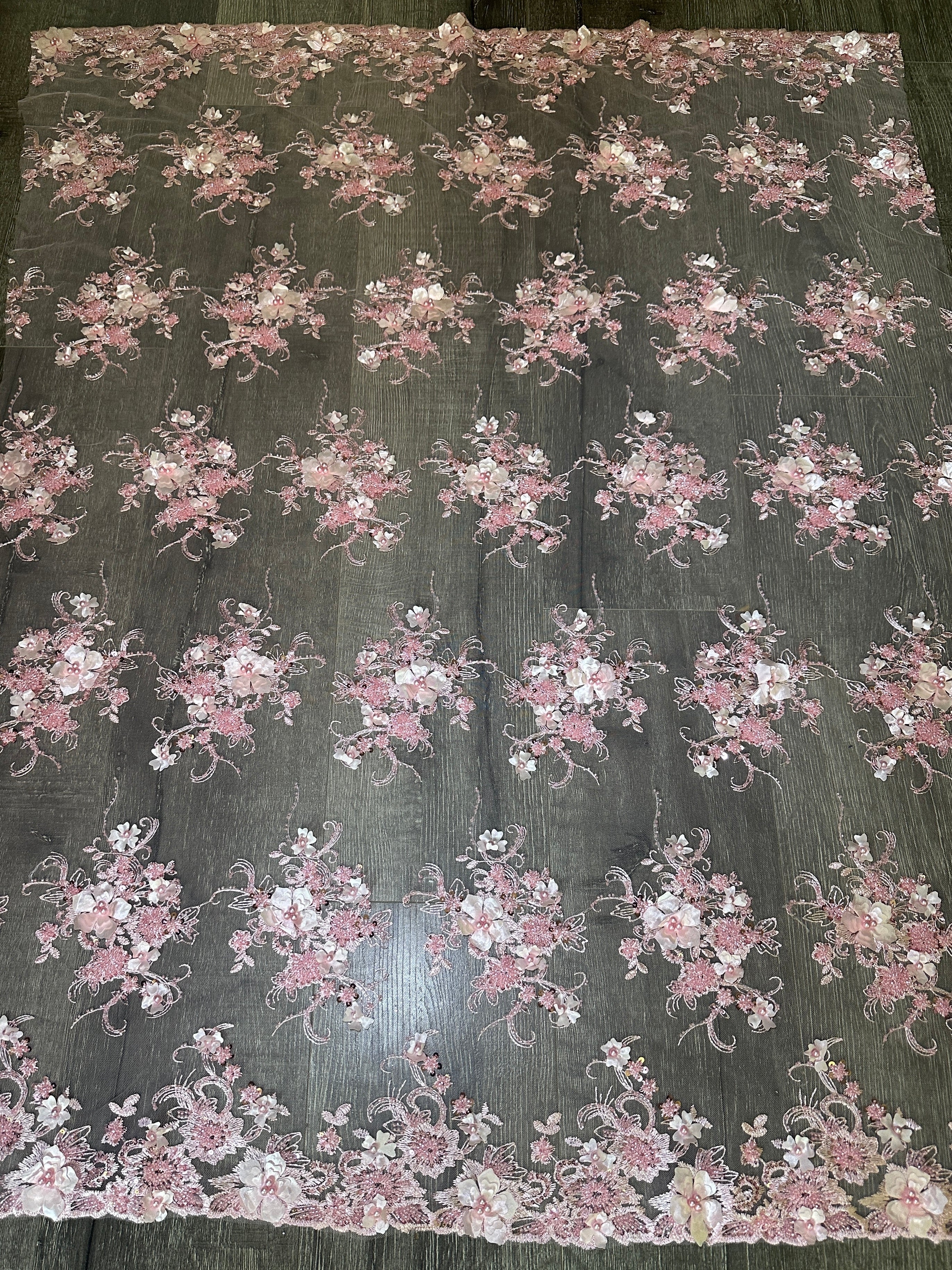 Baby Pink 3D Floral Embroidered Beaded Tulle Lace, Embroidered Lace, Beaded Tulle Lace, Tulle for Wedding Dress, Pearl Material, Tulle Fabric, Tulle Lace Dress Woman