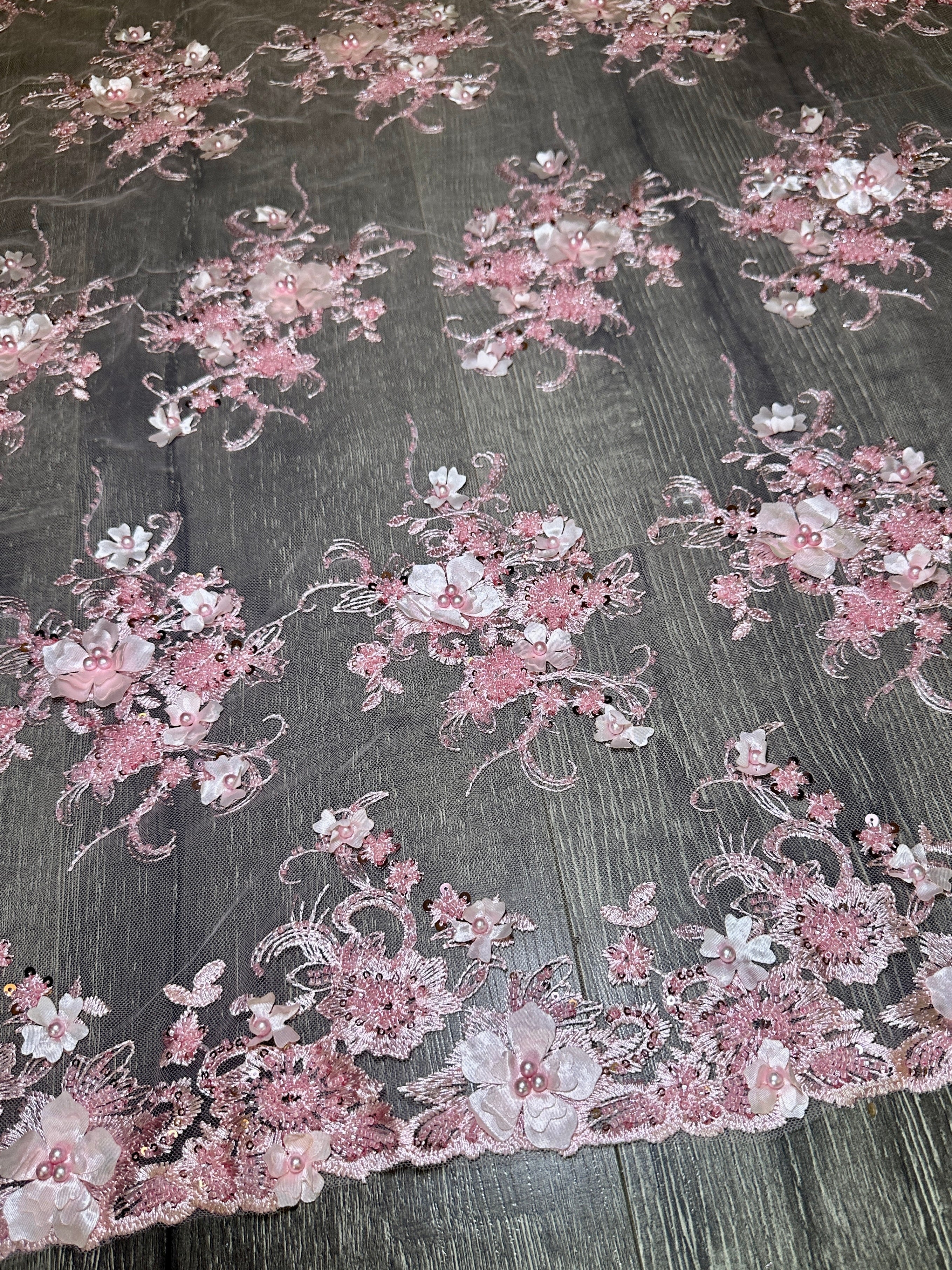 Baby Pink 3D Floral Embroidered Beaded Tulle Lace, Embroidered Lace, Beaded Tulle Lace, Tulle for Wedding Dress, Pearl Material, Tulle Fabric, Tulle Lace Dress Woman