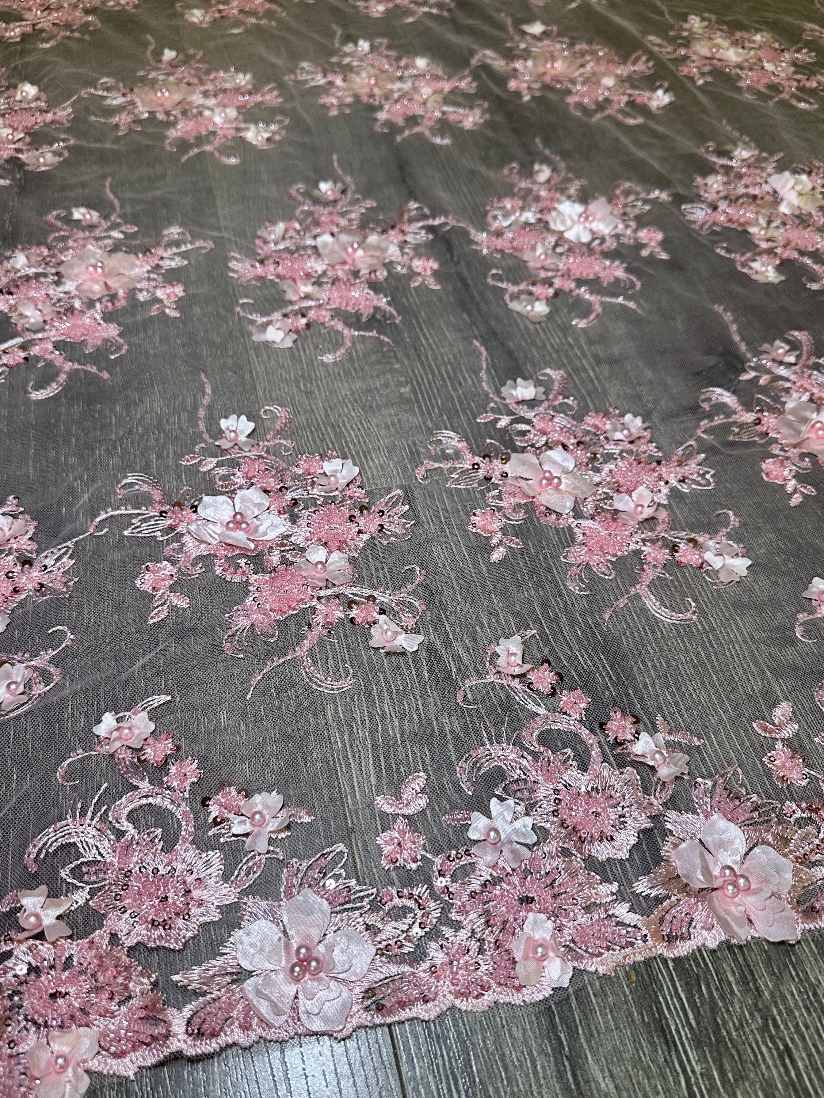 Baby Pink 3D Floral Embroidered Beaded Tulle Lace, Fabric Store, Sewing Store, Cheap Fabric Store, Kiki Textiles, Textile by the Yard
