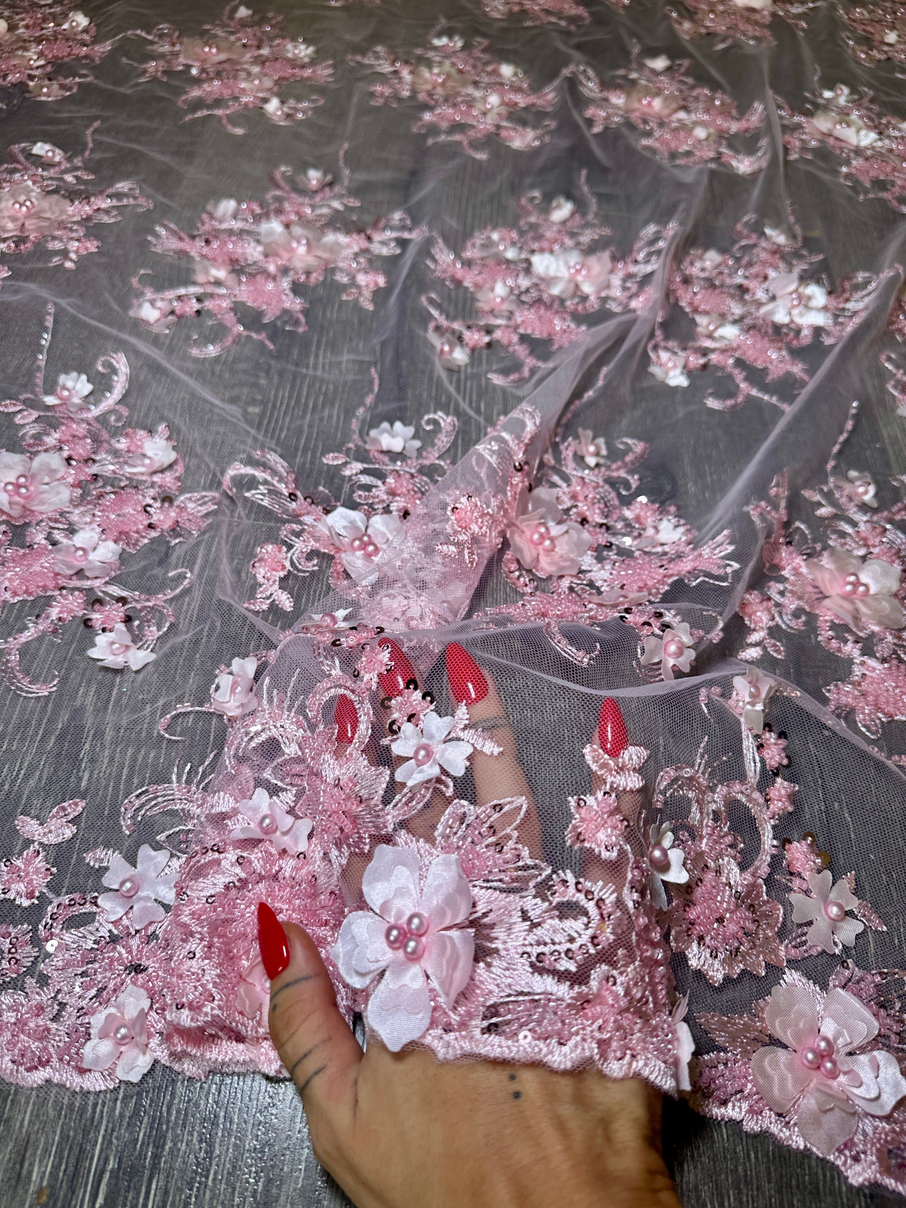 Baby Pink 3D Floral Embroidered Beaded Tulle Lace, Embroidered Lace, Beaded Tulle Lace, Tulle for Wedding Dress, Pearl Material, Tulle Fabric, Tulle Lace Dress Woman