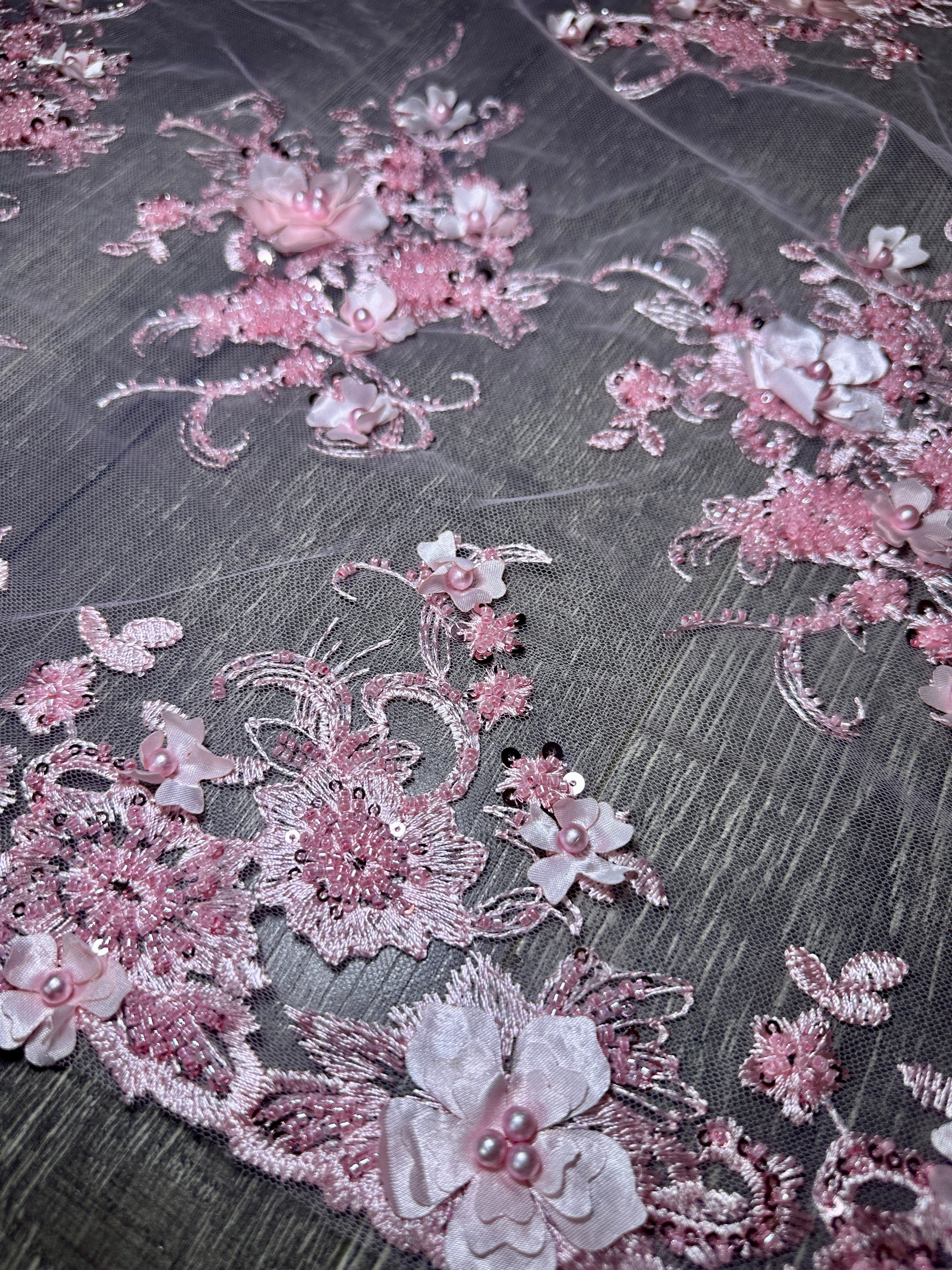 Baby Pink 3D Floral Embroidered Beaded Tulle Lace, Embroidered Lace, Beaded Tulle Lace, Tulle for Wedding Dress, Pearl Material, Tulle Fabric, Tulle Lace Dress Woman