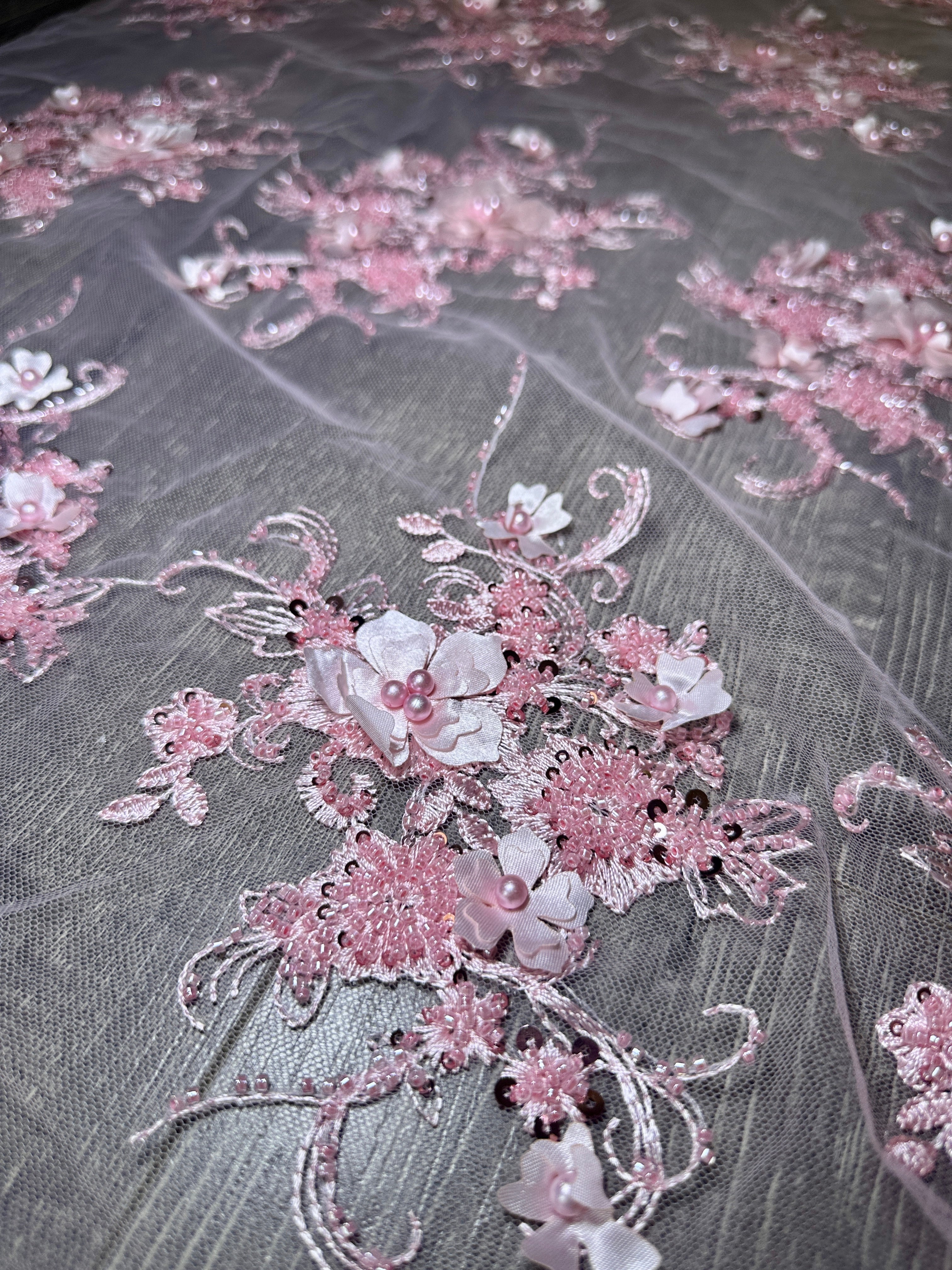 Baby Pink 3D Floral Embroidered Beaded Tulle Lace, Fabric Store, Sewing Store, Cheap Fabric Store, Kiki Textiles, Textile by the Yard