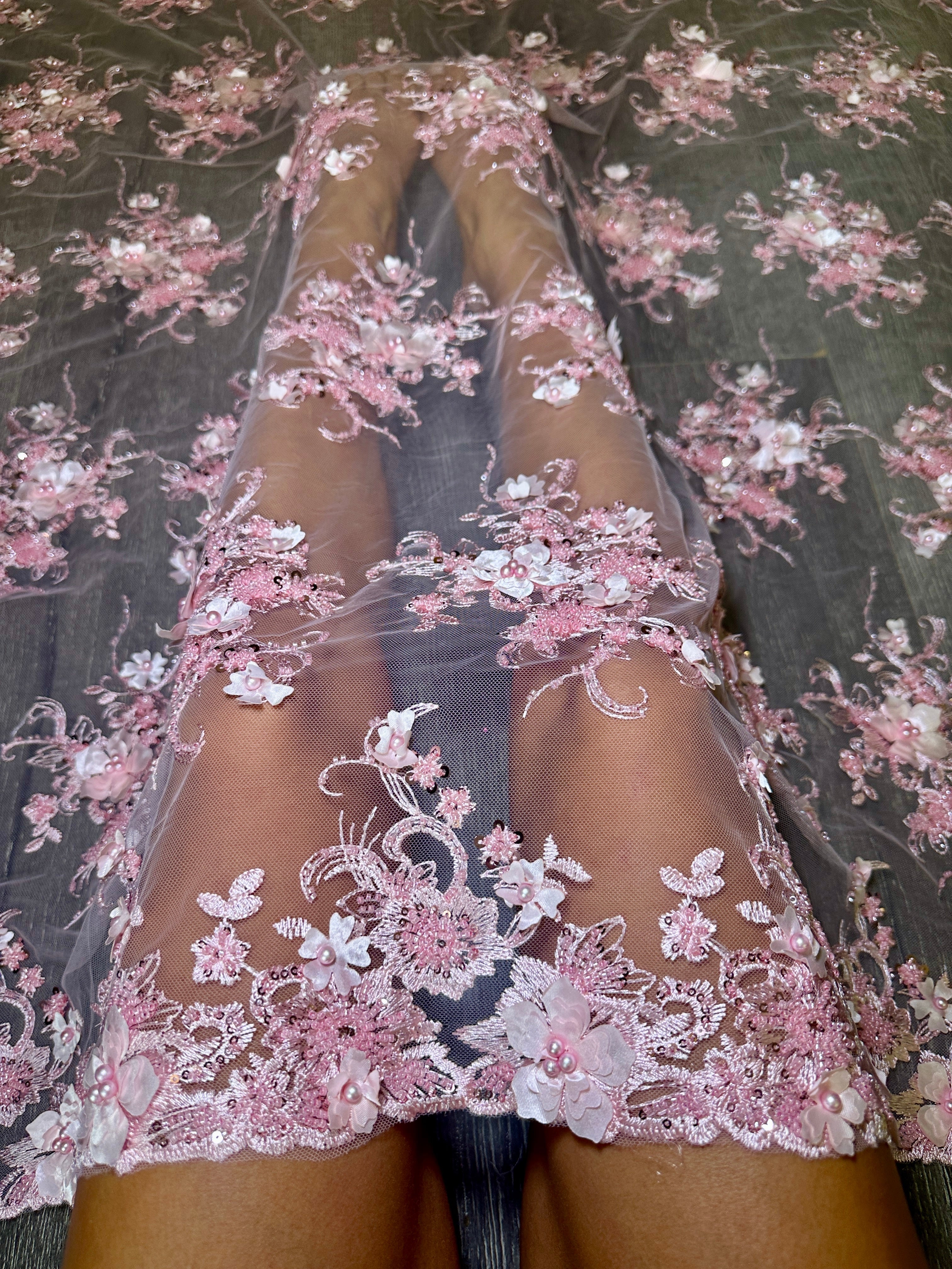 Baby Pink 3D Floral Embroidered Beaded Tulle Lace, Embroidered Lace, Beaded Tulle Lace, Tulle for Wedding Dress, Pearl Material, Tulle Fabric, Tulle Lace Dress Woman