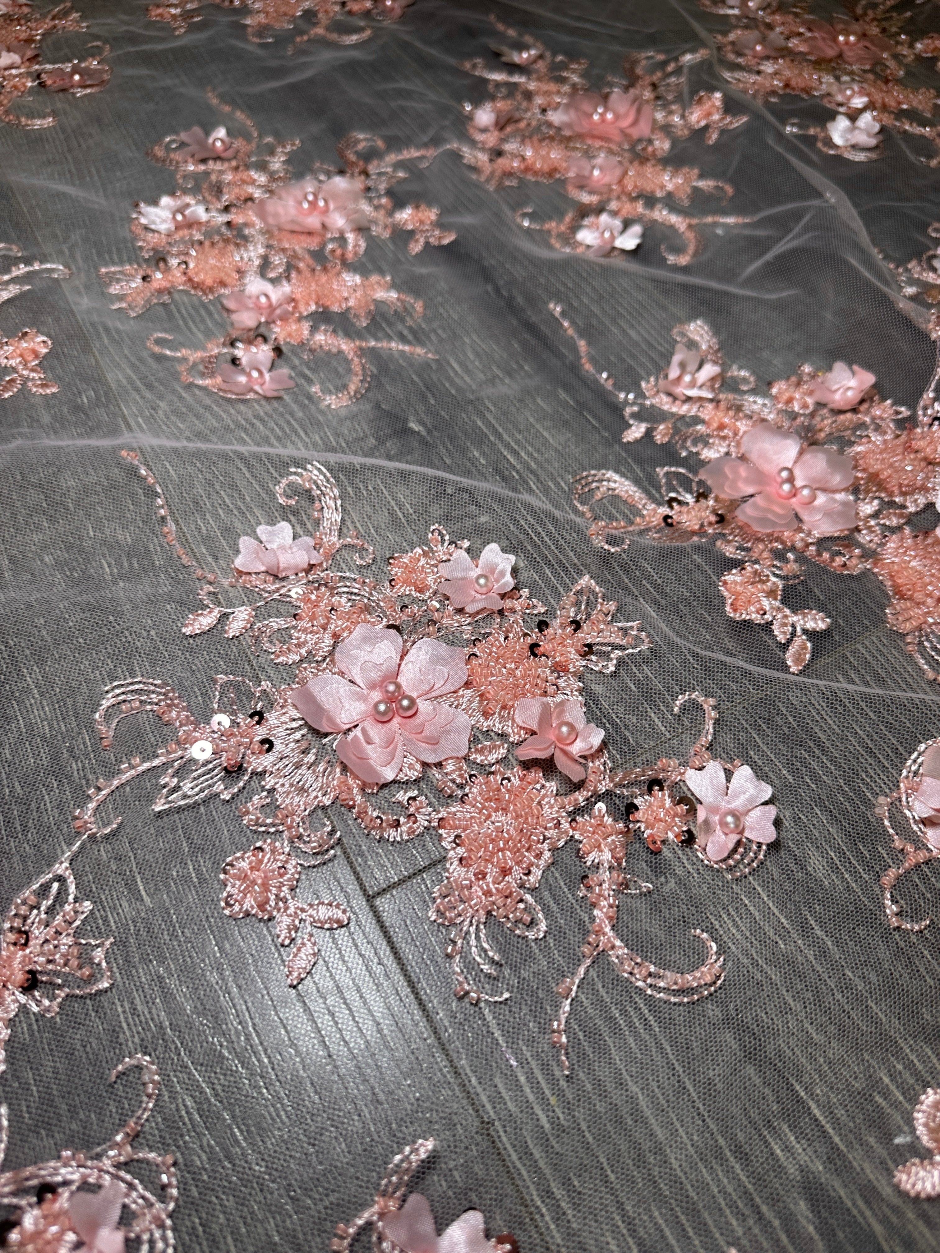 Peach 3D Floral Embroidered Beaded Tulle Lace, Embroidered Lace, Beaded Tulle Lace, Tulle for Wedding Dress, Pearl Material, Tulle Fabric, Tulle Lace Dress Woman