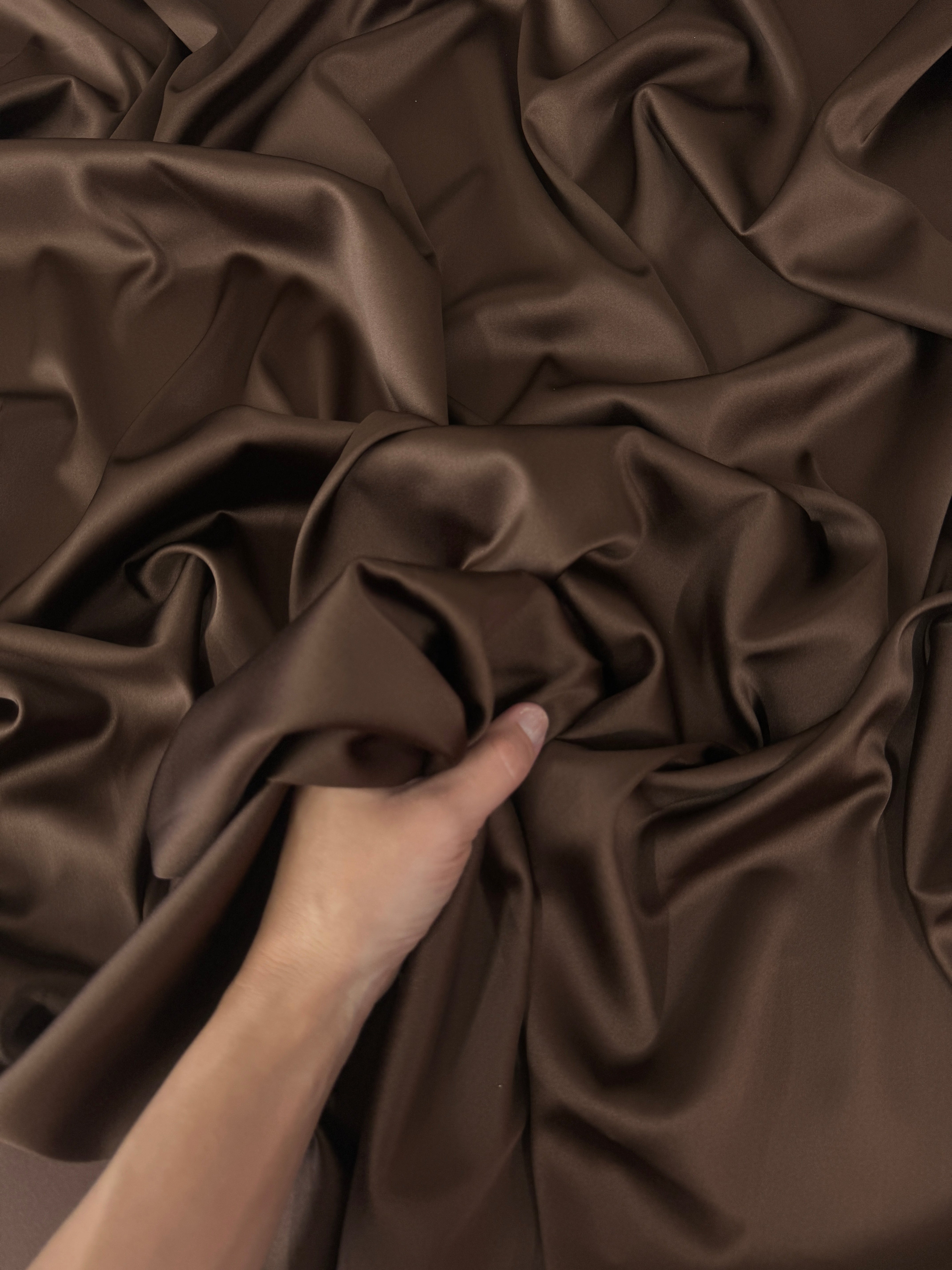 Chocolate Brown Stretch Crepe Back Satin, brown stretch crepe back satin, dark brown stretch crepe back satin, premium stretch crepe back satin, satin for bride, satin for woman, satin in low price, cheap satin, satin on sale