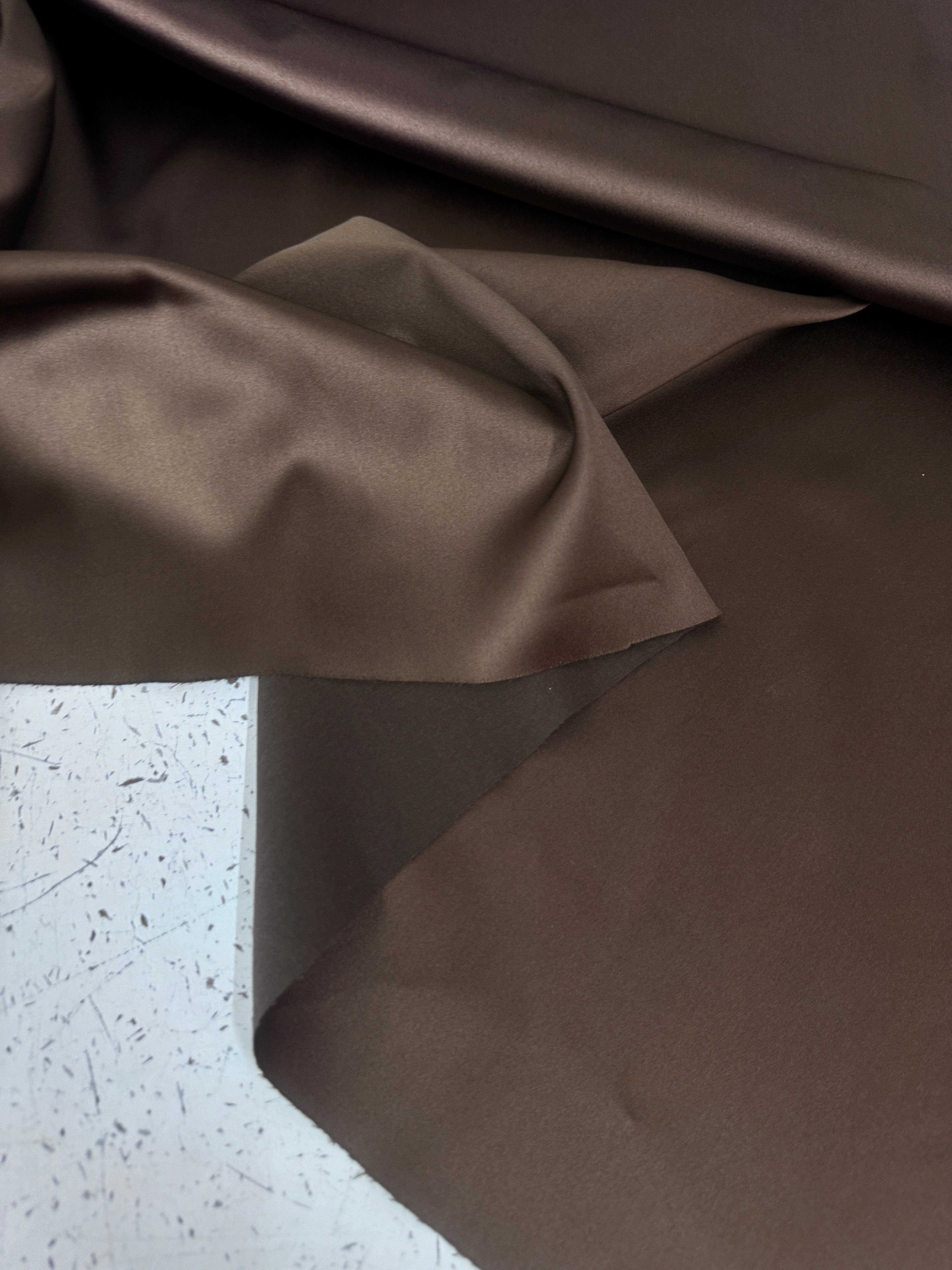 Chocolate Brown Stretch Crepe Back Satin, online textile store, sewing, fabric store, sewing store, cheap fabric store, kiki textiles