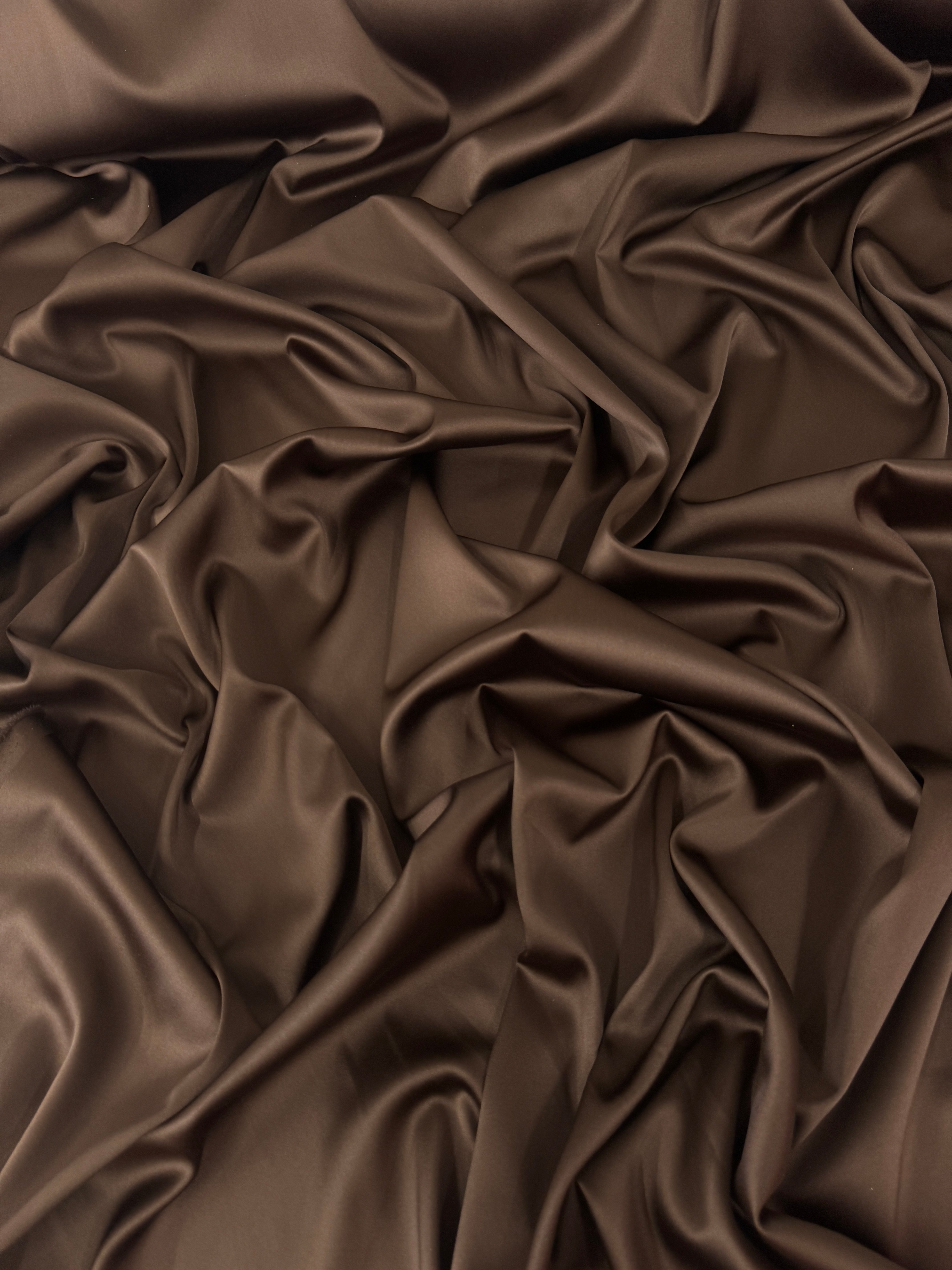 Chocolate Brown Stretch Crepe Back Satin, online textile store, sewing, fabric store, sewing store, cheap fabric store, kiki textiles