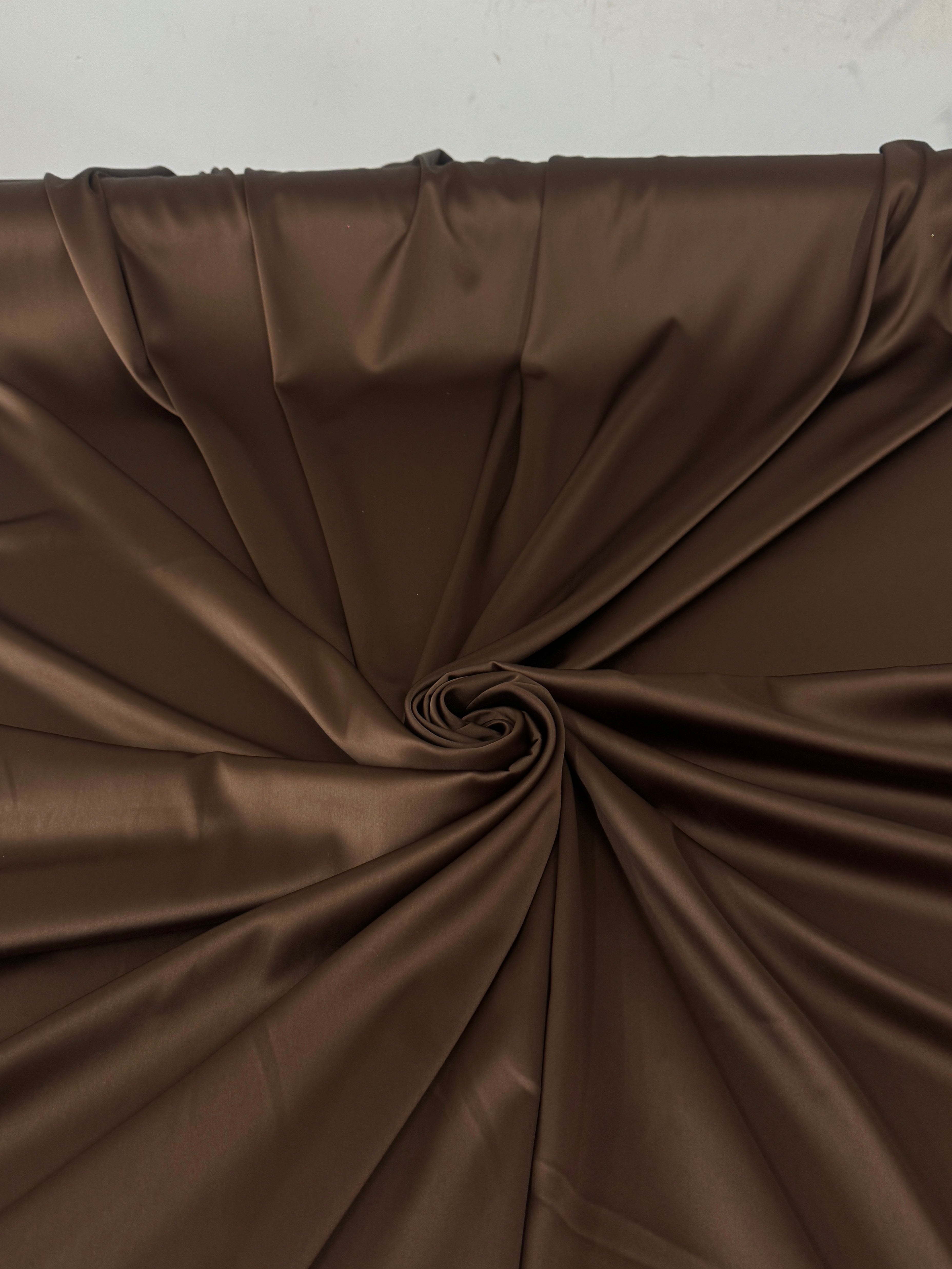 Chocolate Brown Stretch Crepe Back Satin, brown stretch crepe back satin, dark brown stretch crepe back satin, premium stretch crepe back satin, satin for bride, satin for woman, satin in low price, cheap satin, satin on sale