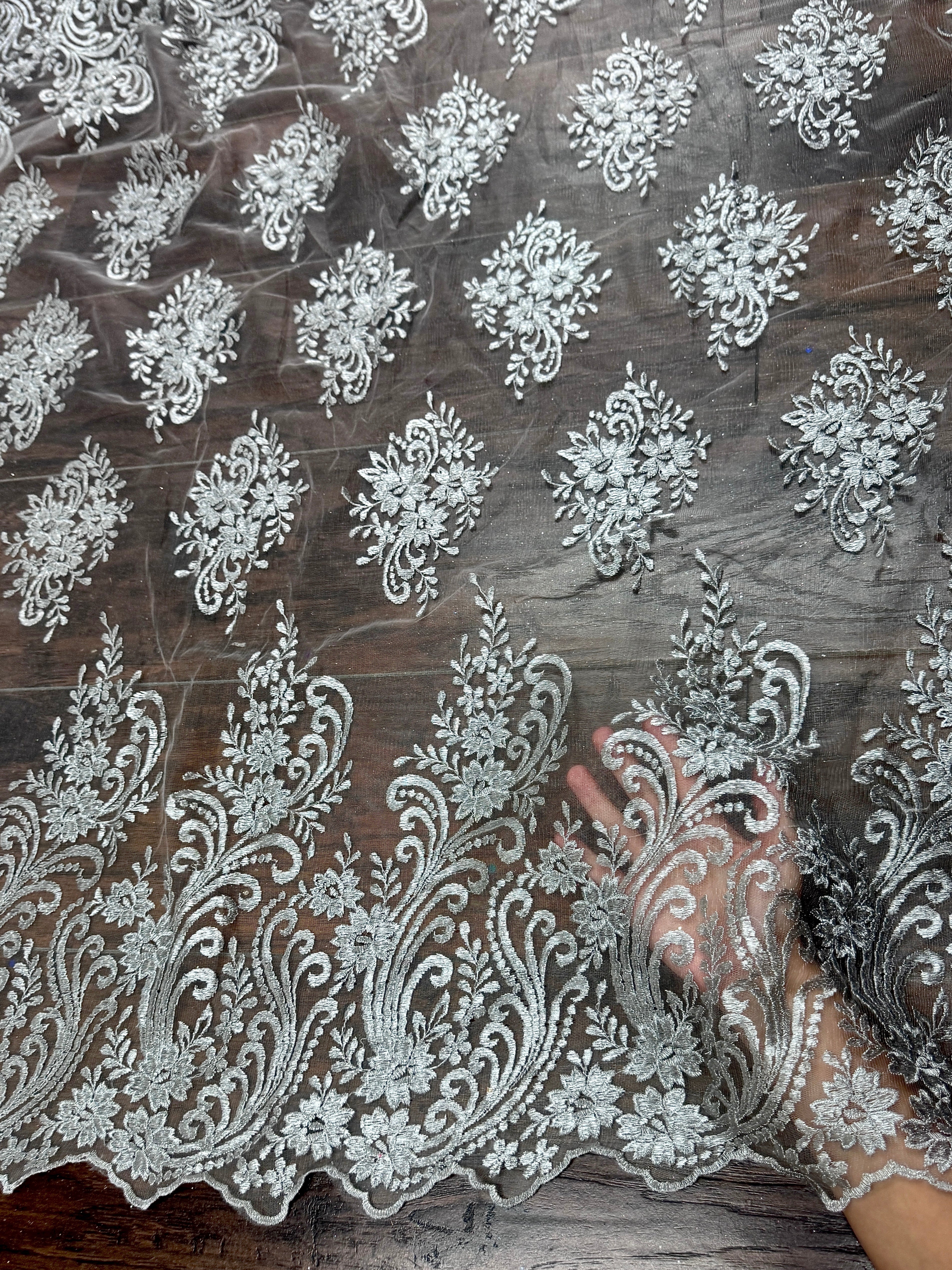 Silver Scalloped Embroidered Floral Lace, online textile store, sewing, fabric store, sewing store, cheap fabric store, kiki textiles