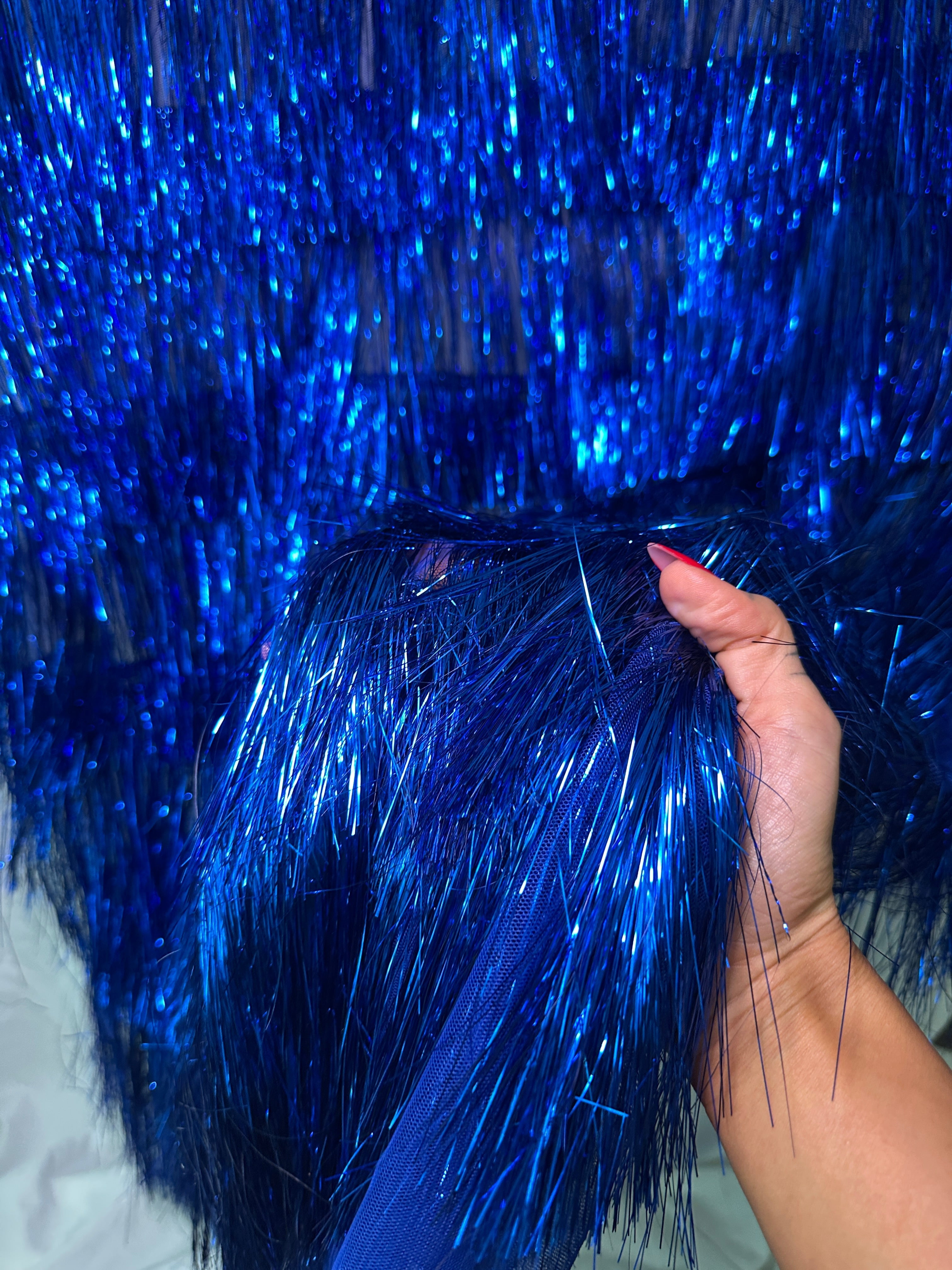Royal Blue Fringe Metallic Mesh Base Fabric, Fabric Store, Sewing Store, Cheap Fabric Store, Kiki Textiles, Textile by the Yard
