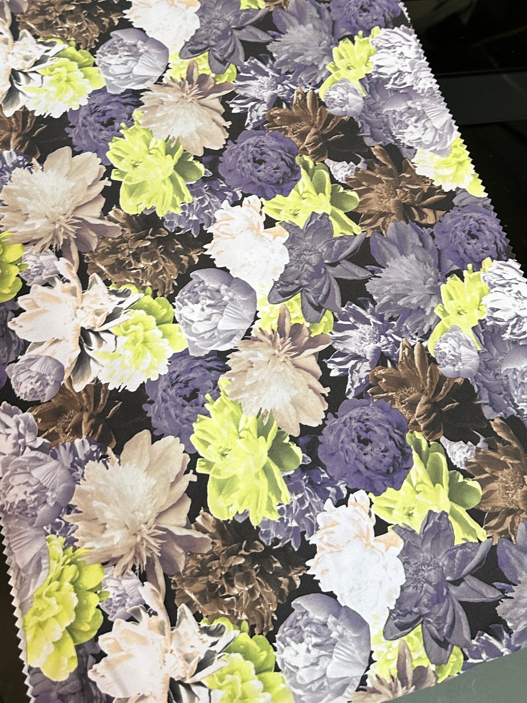 printed nylon spandex, 4 way stretch fabric, stretch nylon spandex, kikitextiles, onlinefabricstoreusa, yellow color fabric, blue color fabric, multicolor fabric, flower pattern fabric