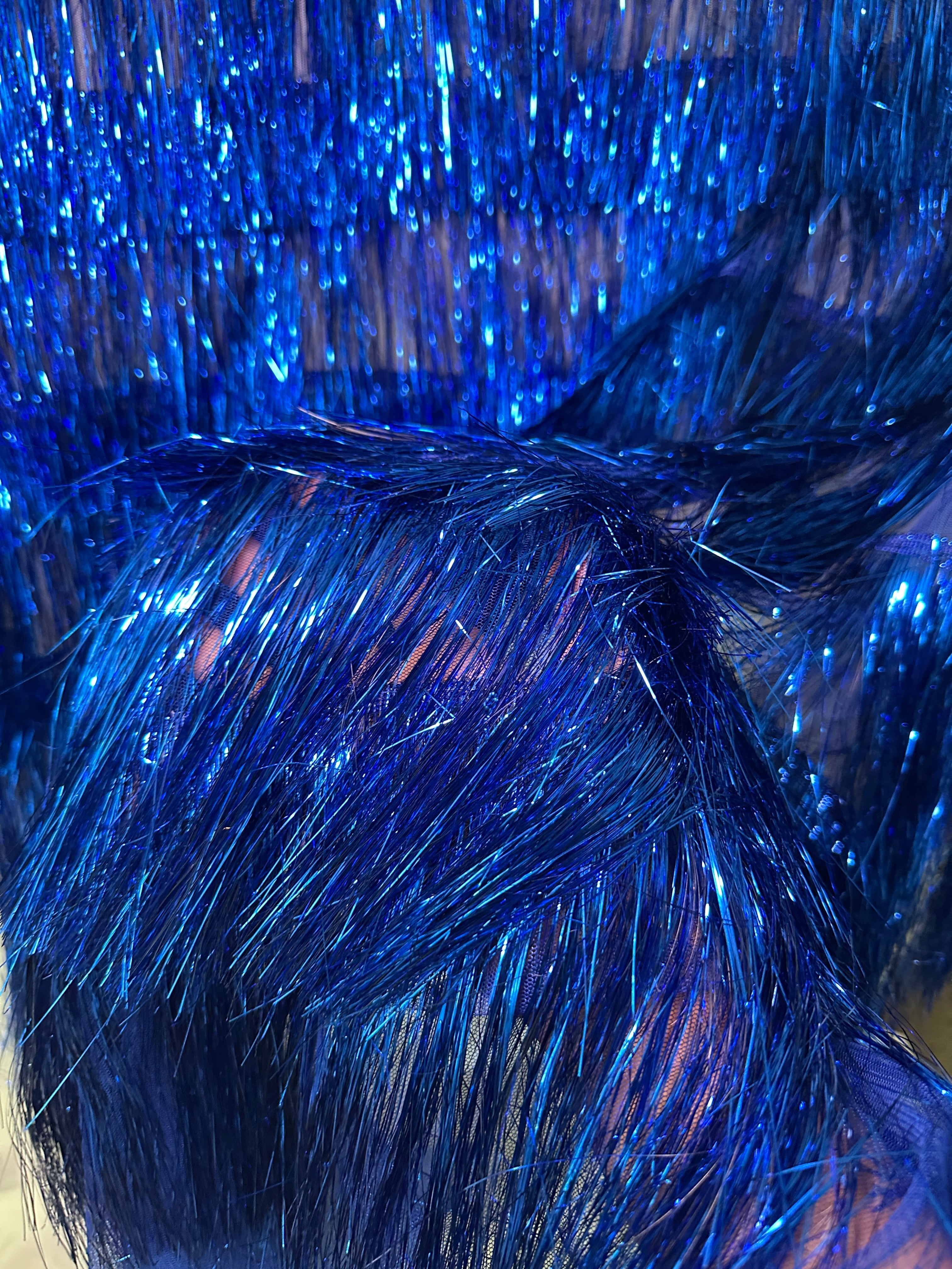 Royal Blue Fringe Metallic Mesh Base Fabric, Metallic Mesh Fabric, Mesh Base Fabric, Fashion Textile, Party Dress Material, Craft Fabric