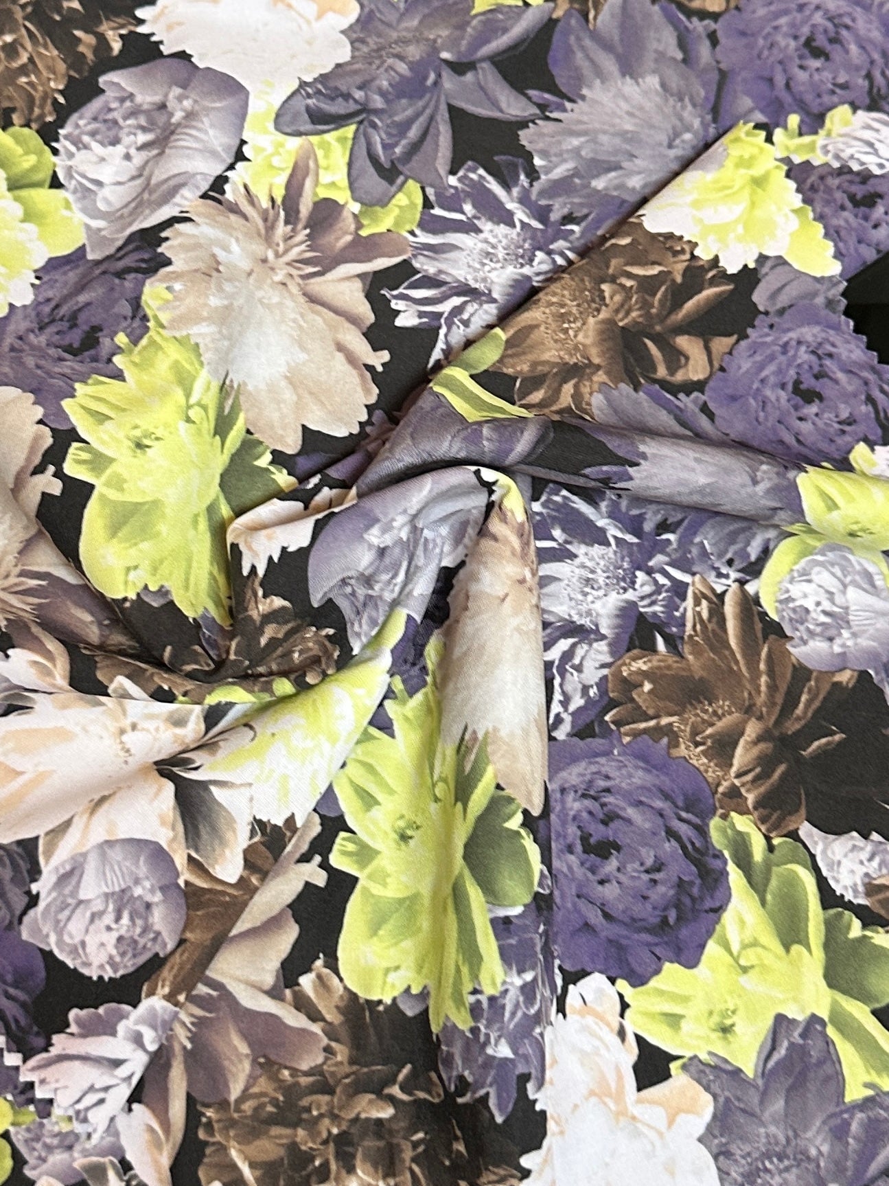 printed nylon spandex, 4 way stretch fabric, stretch nylon spandex, kikitextiles, onlinefabricstoreusa, yellow color fabric, blue color fabric, multicolor fabric, flower pattern fabric