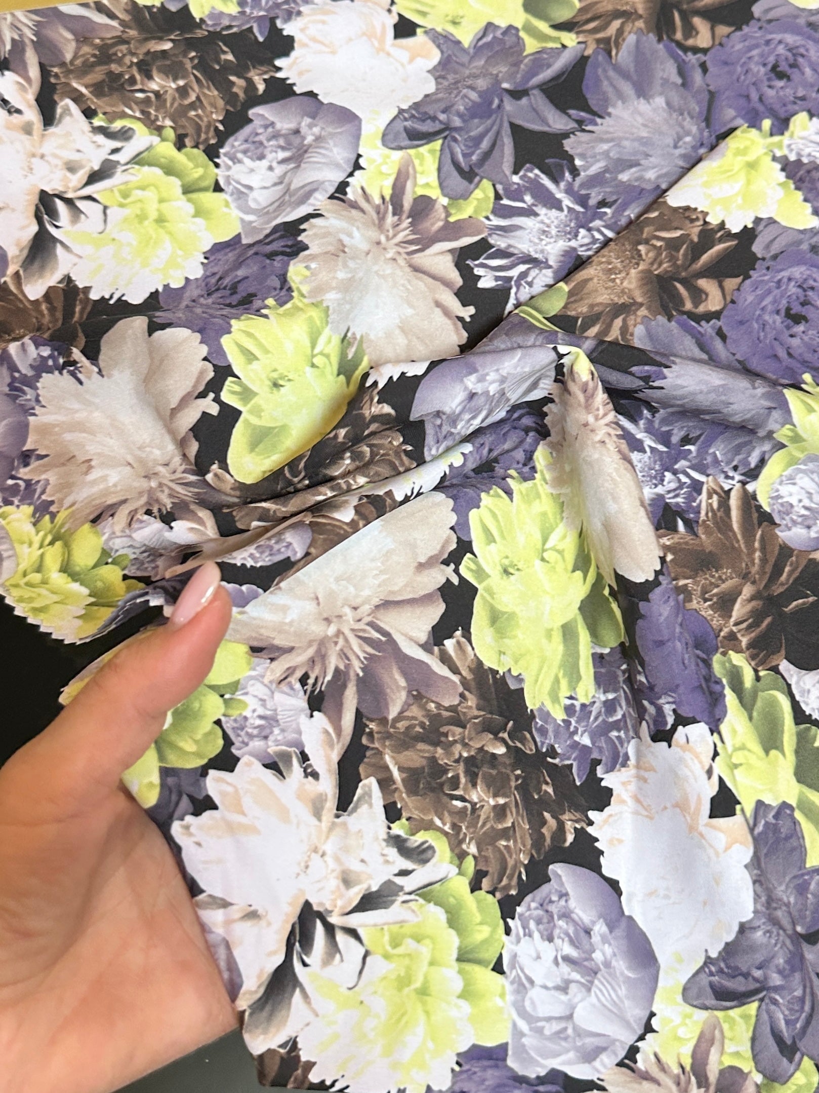 printed nylon spandex, 4 way stretch fabric, stretch nylon spandex, kikitextiles, onlinefabricstoreusa, yellow color fabric, blue color fabric, multicolor fabric, flower pattern fabric