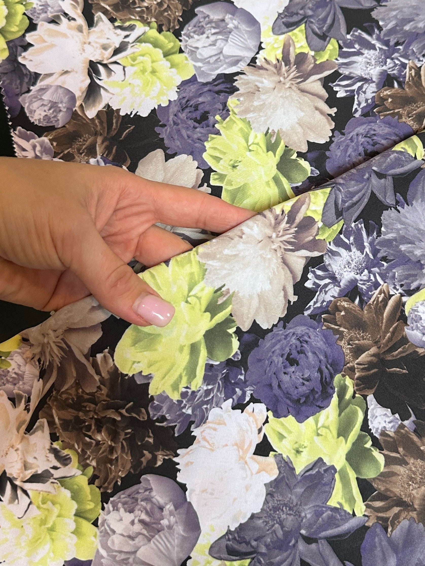 printed nylon spandex, 4 way stretch fabric, stretch nylon spandex, kikitextiles, onlinefabricstoreusa, yellow color fabric, blue color fabric, multicolor fabric, flower pattern fabric