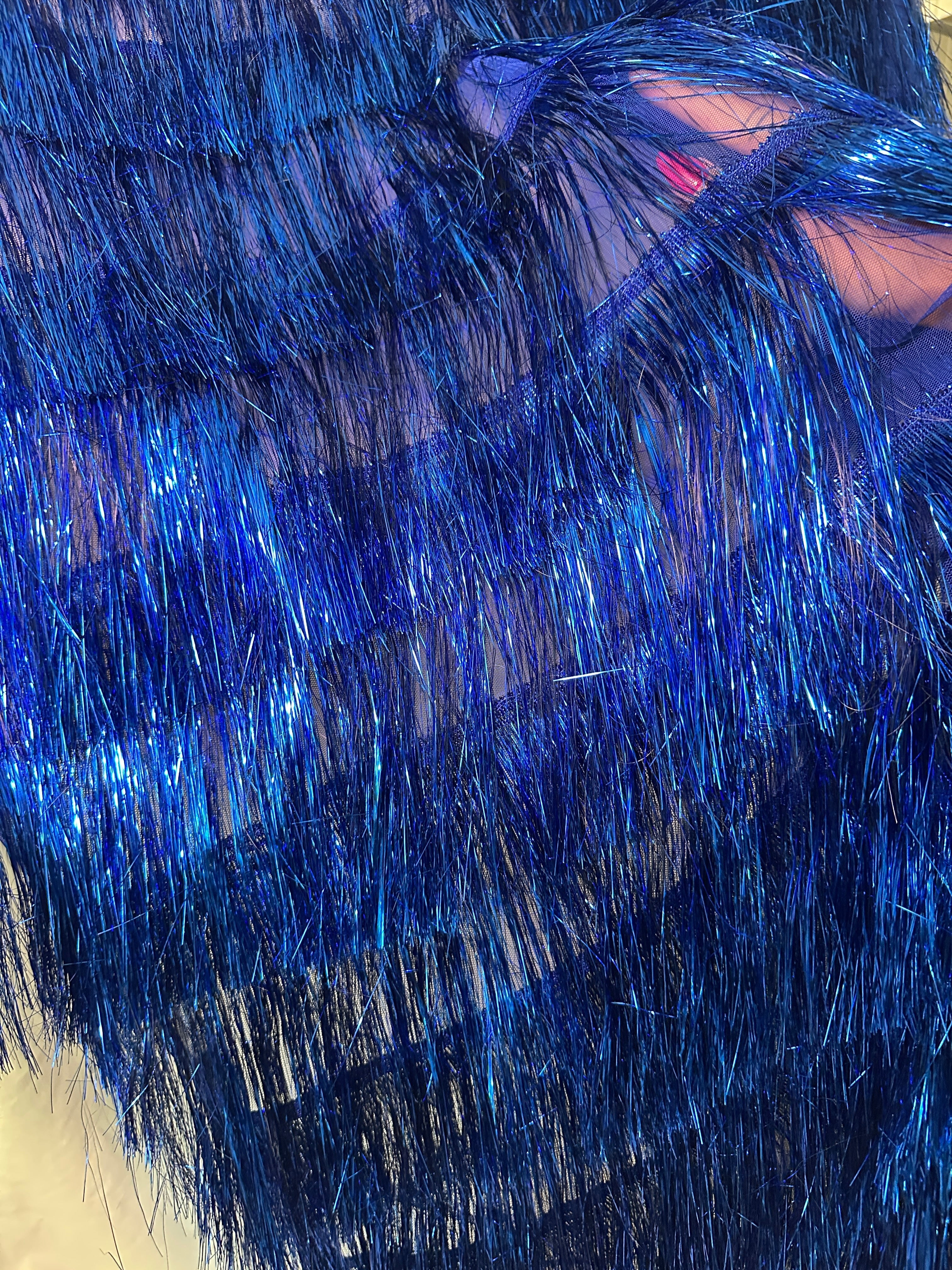Royal Blue Fringe Metallic Mesh Base Fabric, Metallic Mesh Fabric, Mesh Base Fabric, Fashion Textile, Party Dress Material, Craft Fabric