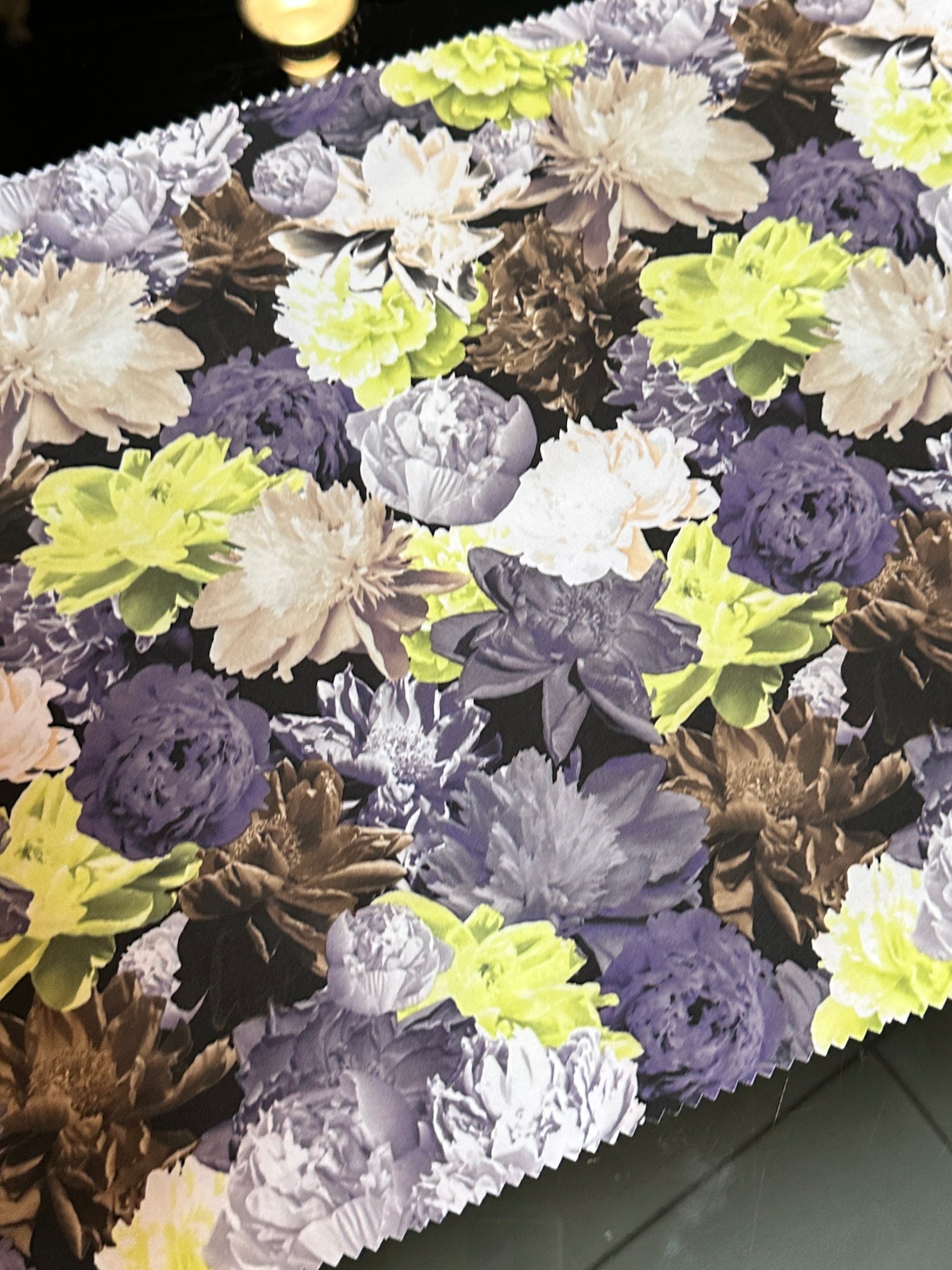 printed nylon spandex, 4 way stretch fabric, stretch nylon spandex, kikitextiles, onlinefabricstoreusa, yellow color fabric, blue color fabric, multicolor fabric, flower pattern fabric