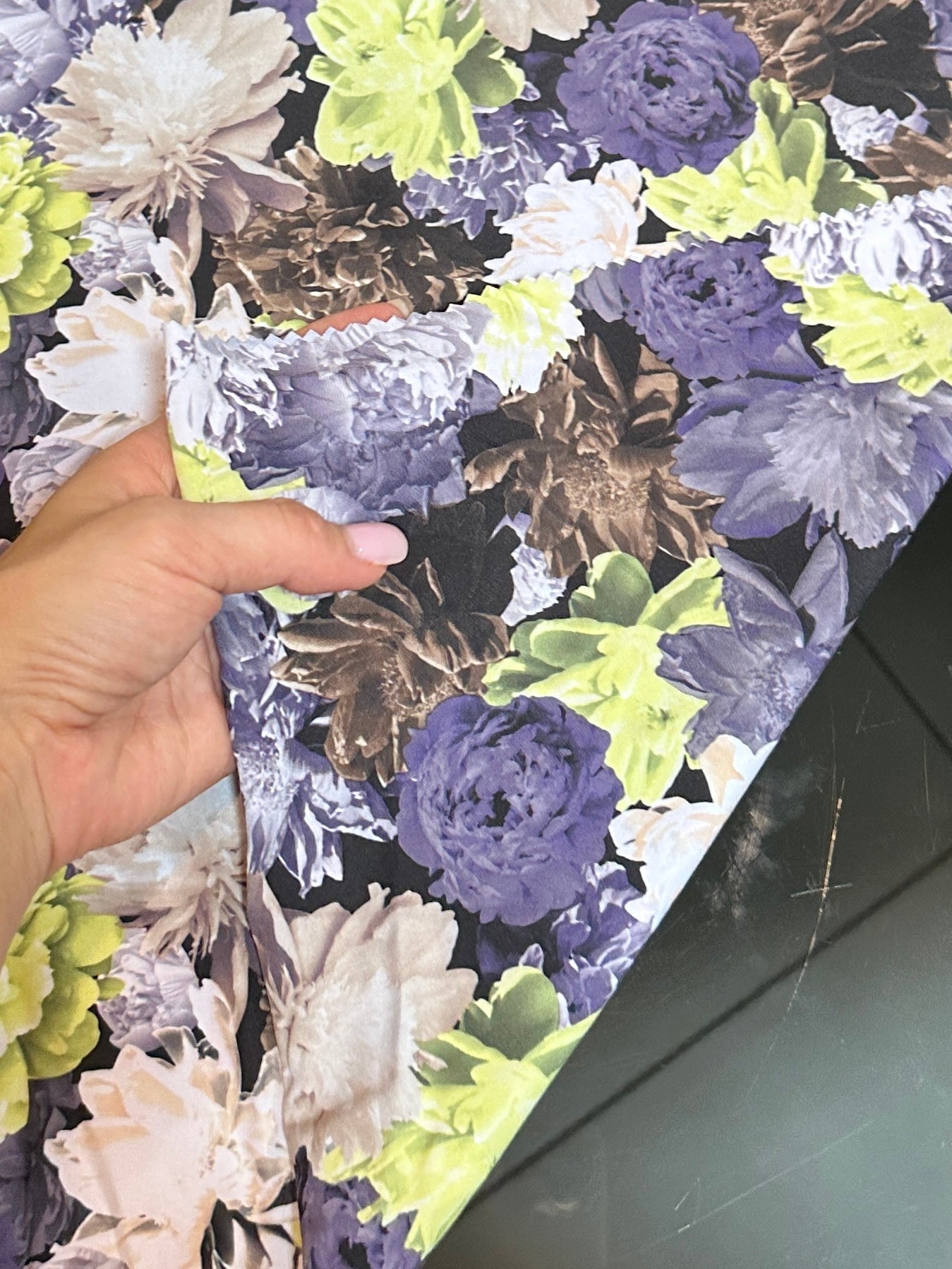 printed nylon spandex, 4 way stretch fabric, stretch nylon spandex, kikitextiles, onlinefabricstoreusa, yellow color fabric, blue color fabric, multicolor fabric, flower pattern fabric