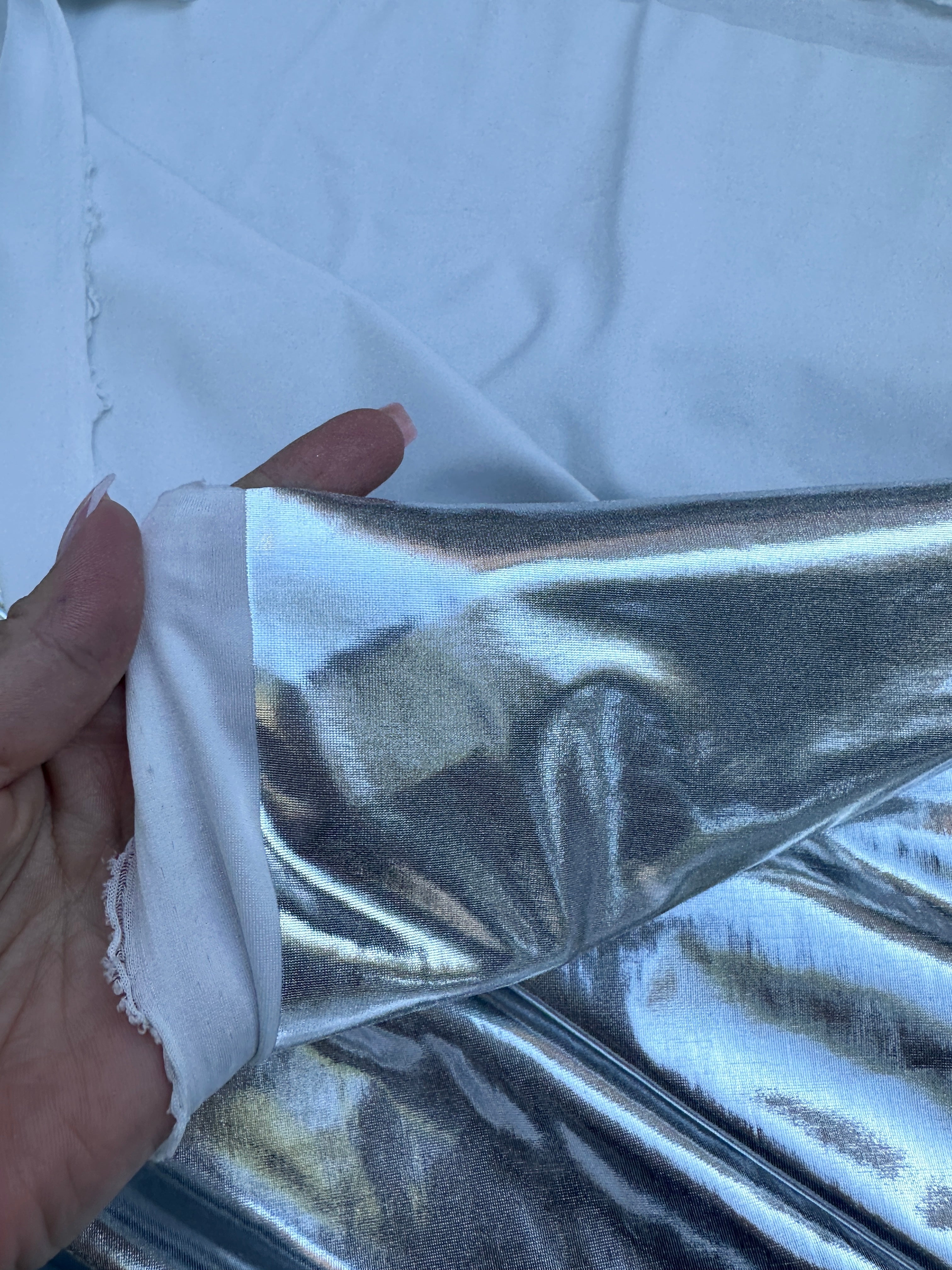 silver coated spandex pleather, Shiny silver pleather, silver pleather, pleather for woman, light silver pleather, dark silver spandex