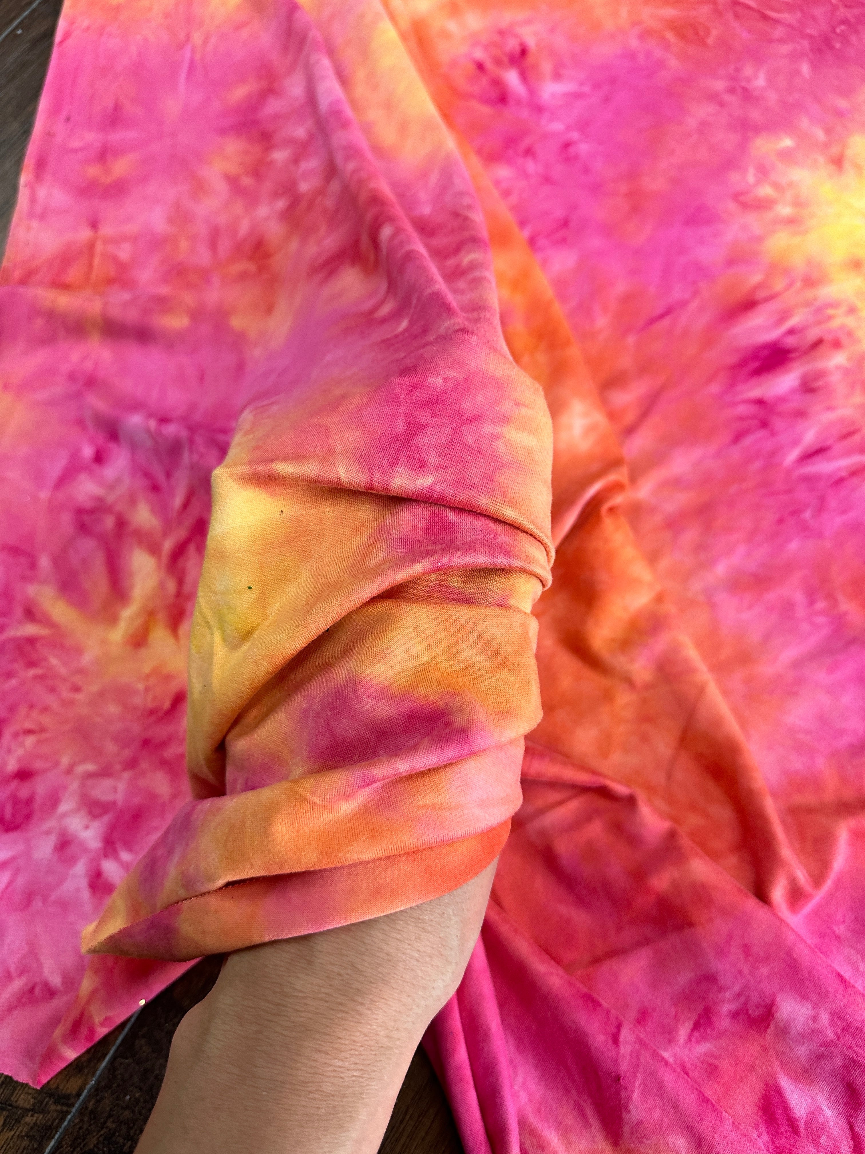  Hot Pink and Yellow Tie Dye Jersey Knit, tie dye jersey knit for woman, tie dye jersey knit for party wear, tie dye jersey knit for gown, tie dye jersey knit for bride, tie dye jersey knit on discount, tie dye jersey knit on sale, premium tie dye jersey knit 