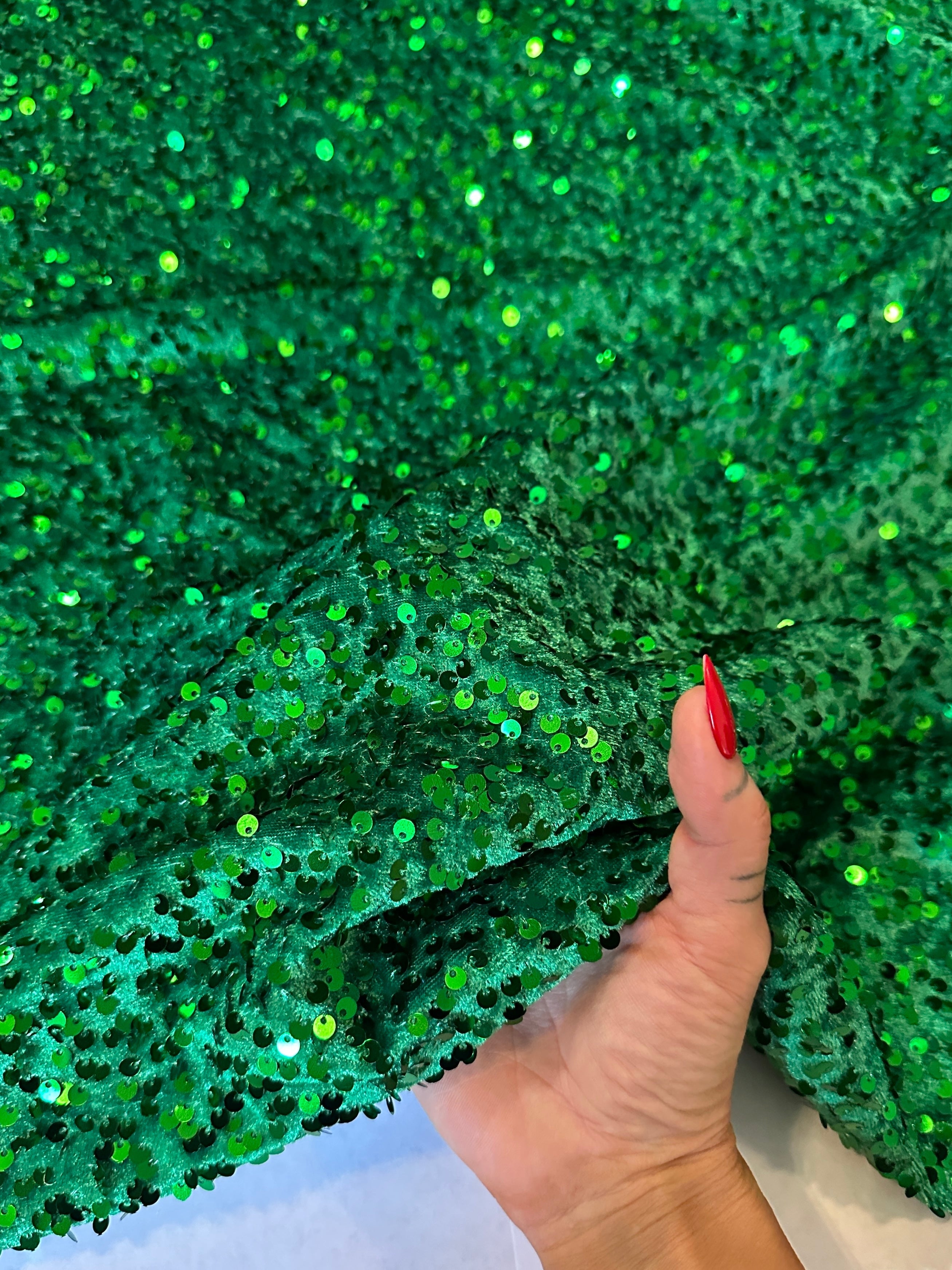 Kelly Green Sequins Velvet, Fabric Store, Sewing Store, Cheap Fabric Store, Kiki Textiles, Textile by the Yard