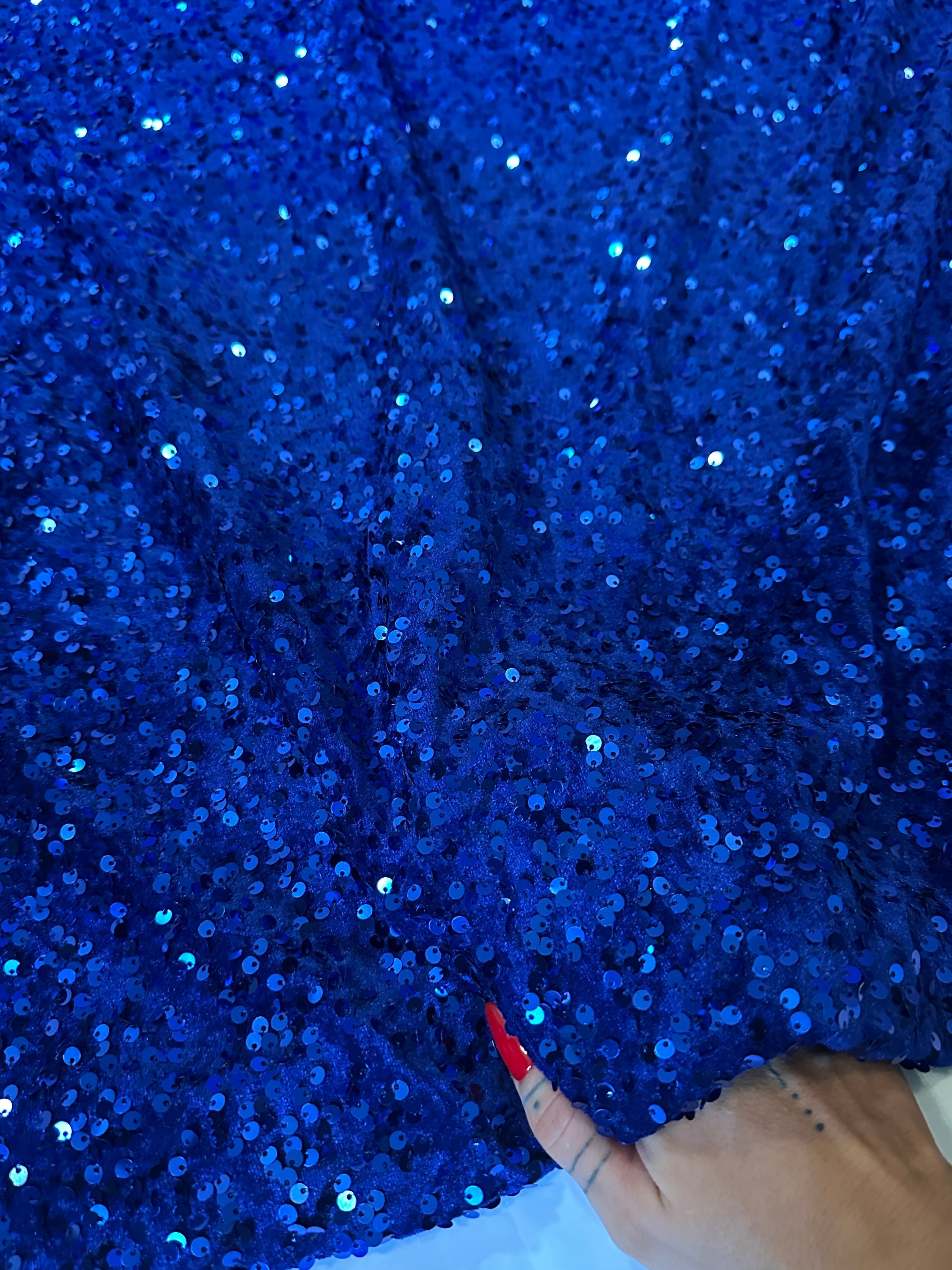 Royal Blue Sequins Velvet, Sequin on velvet, Stretch Sequin Mesh, Stretch Sequin velvet for woman, Stretch Sequin velvet for bride, Stretch Sequin velvet on discount, Stretch Sequin velvet online