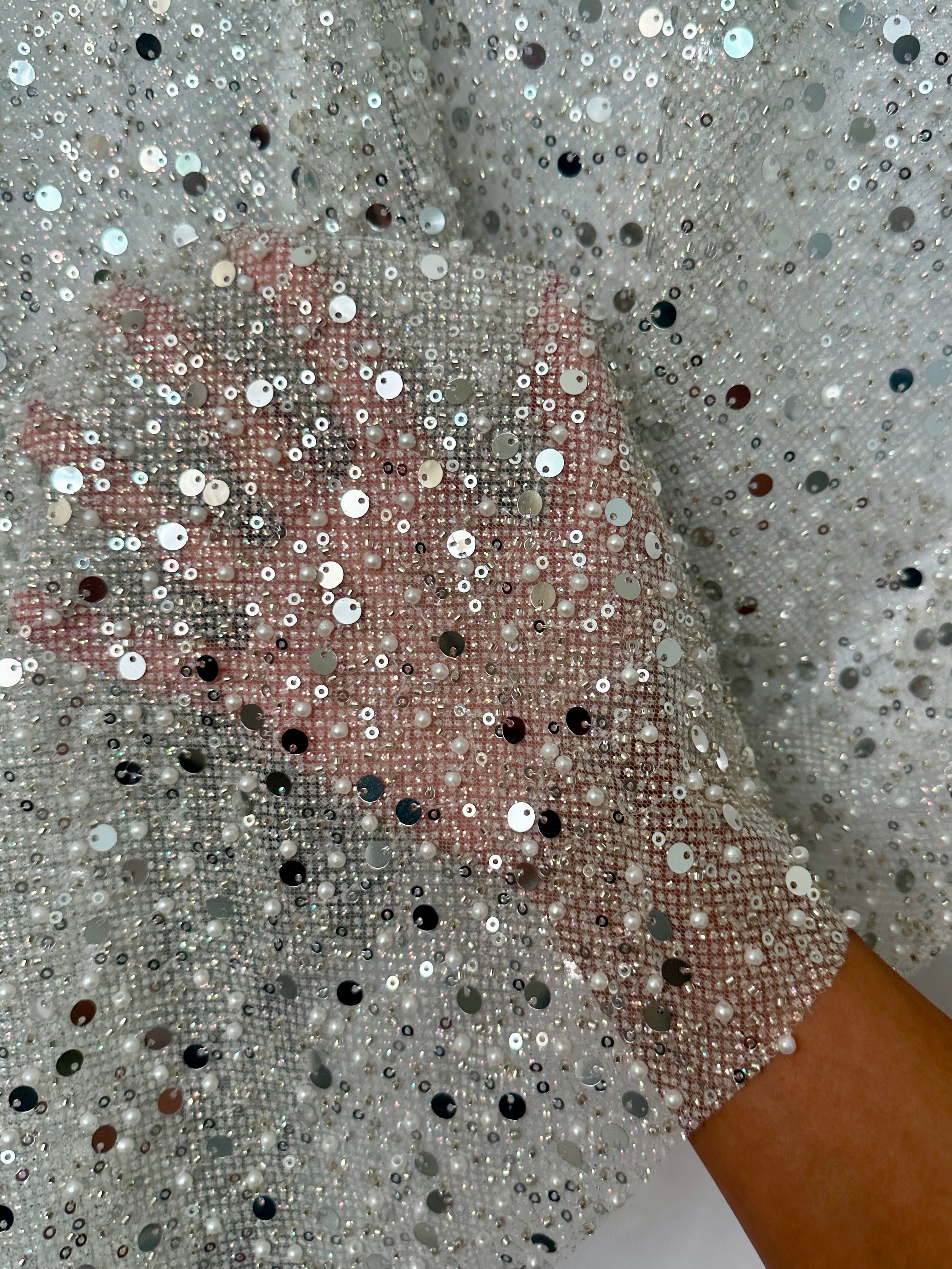 Silver Sequin Pearl Beaded Mesh, Fabric Store, Sewing Store, Cheap Fabric Store, Kiki Textiles, Textile by the Yard