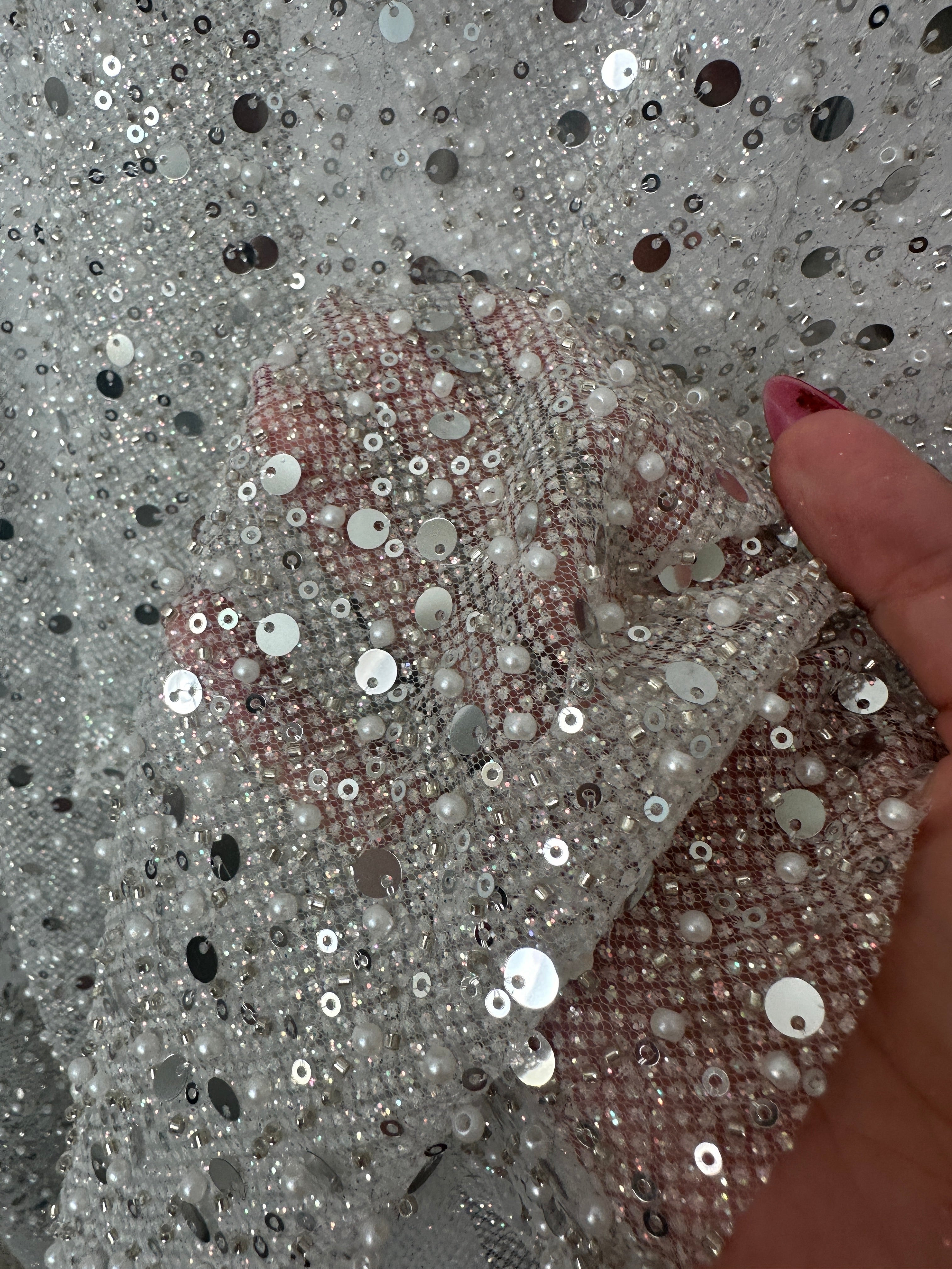 Silver Sequin Pearl Beaded Mesh, Fabric Store, Sewing Store, Cheap Fabric Store, Kiki Textiles, Textile by the Yard