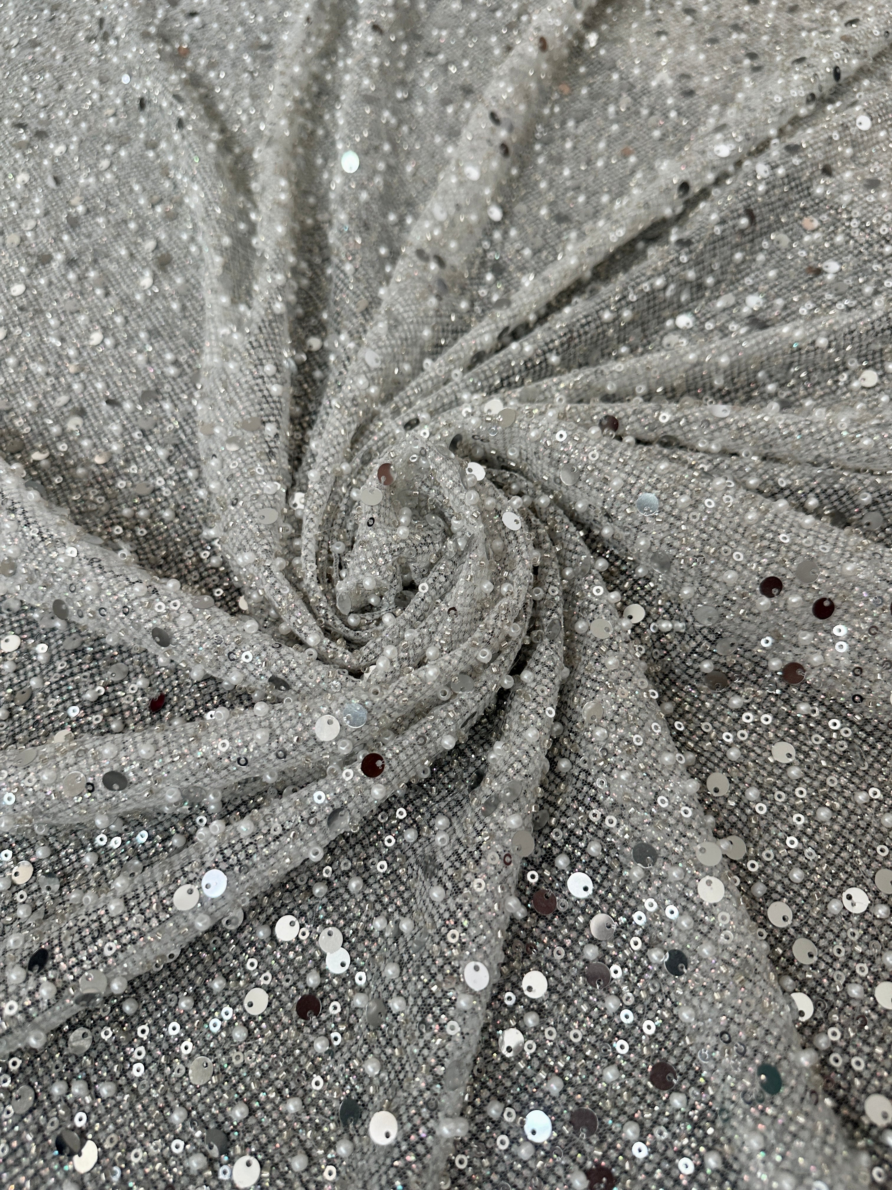 Silver Sequin Pearl Beaded Mesh, Sequin on mesh, Pearl Beaded Mesh, beaded sequin on mesh, pearl beaded fabric, shimmering sequence