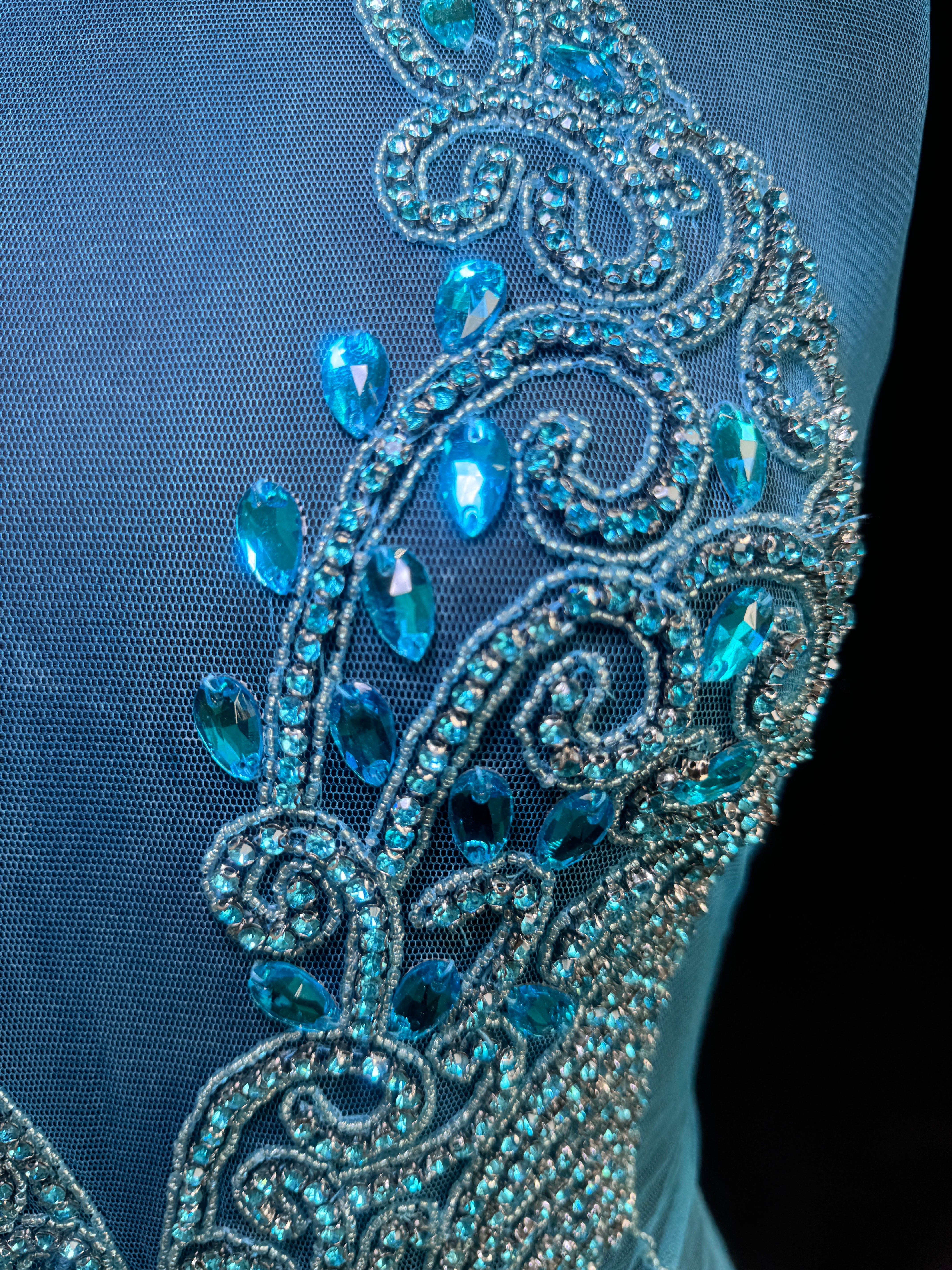 Brenda Turquoise Rhinestones Bodice Applique, Blue Rhinestones Applique, Embellished clothing, Rhinestone applications, Rhinestone embroidery, Rhinestone patch, Dress patch, Rhinestones for dress