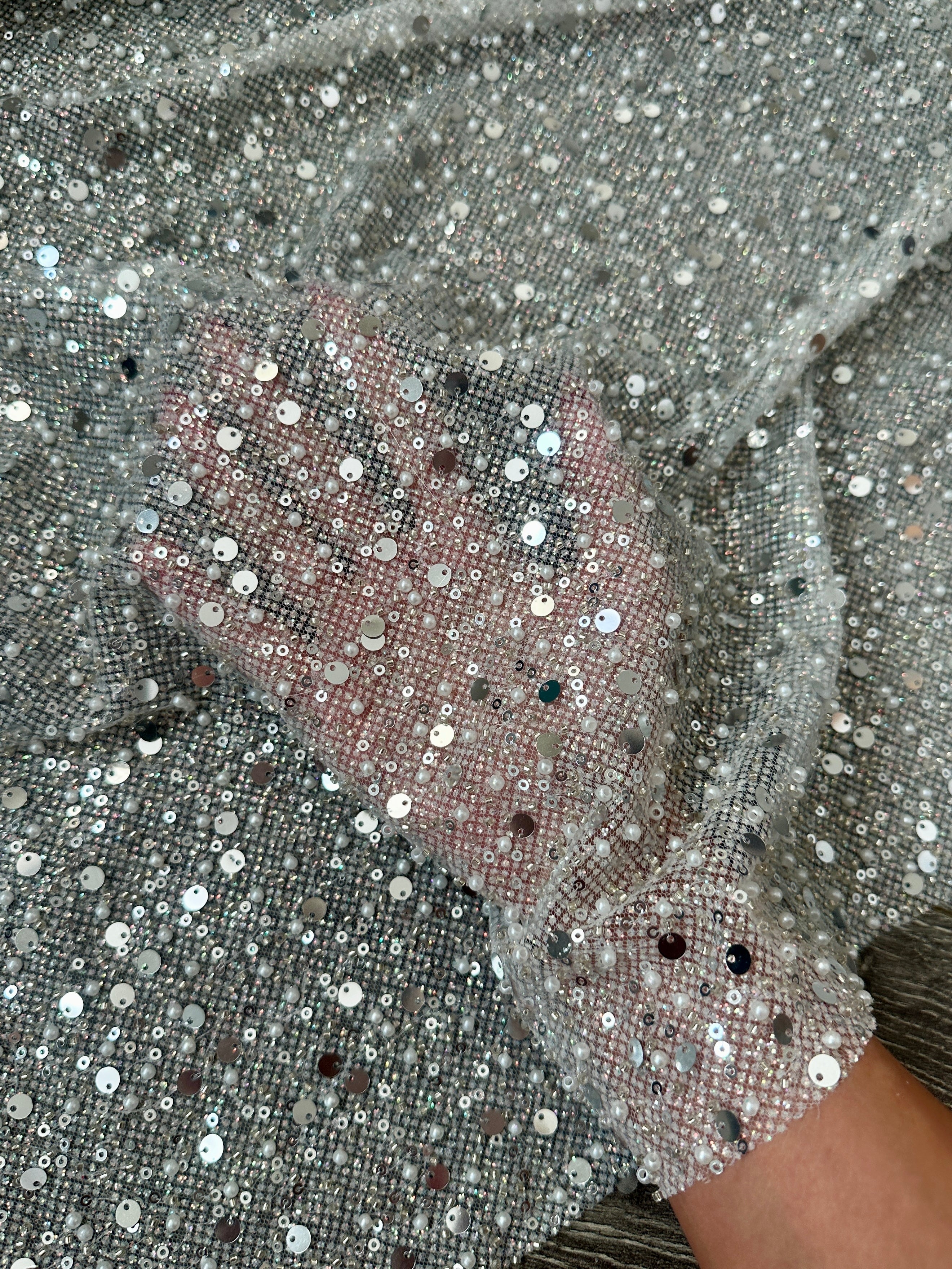 Silver Sequin Pearl Beaded Mesh, Fabric Store, Sewing Store, Cheap Fabric Store, Kiki Textiles, Textile by the Yard