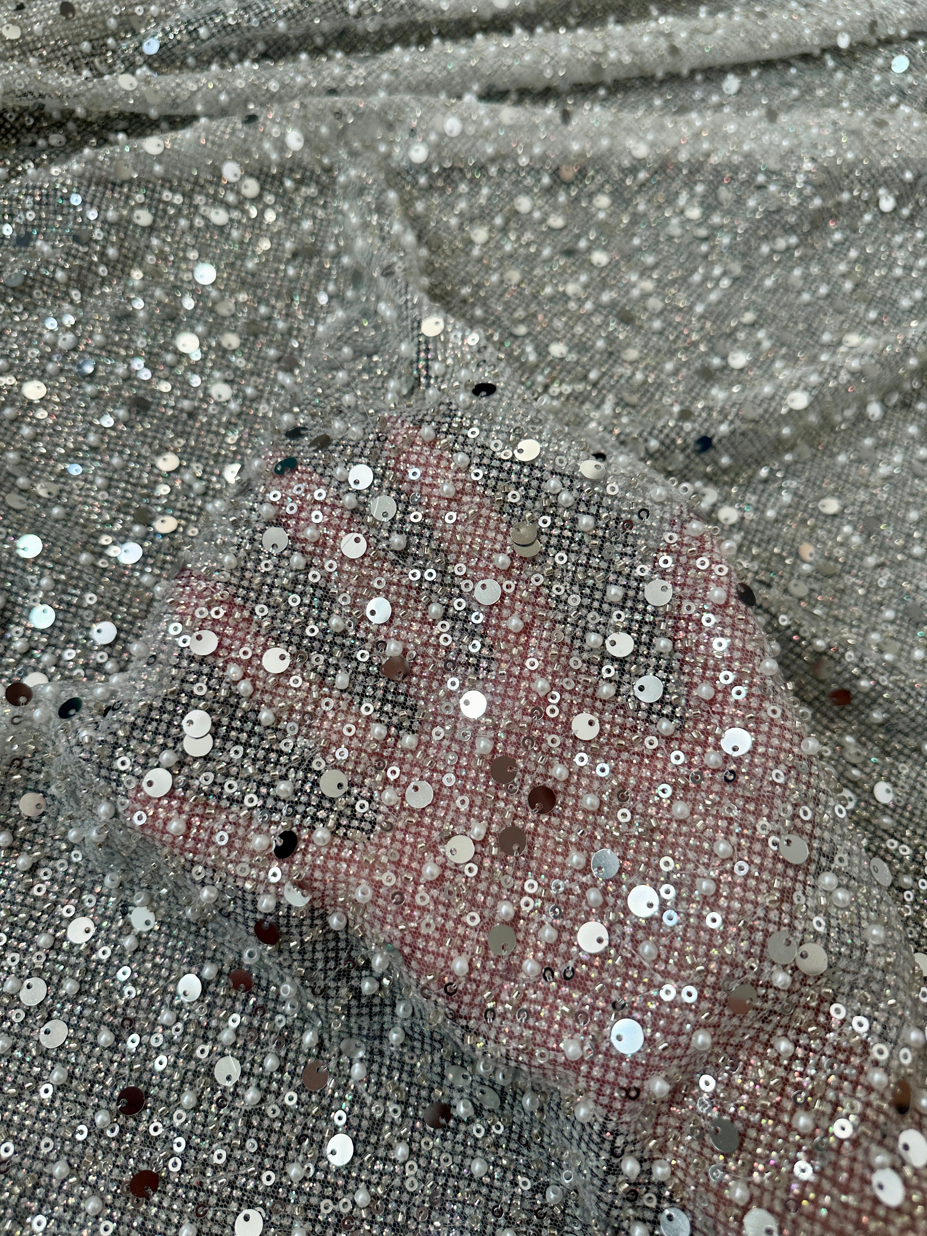Silver Sequin Pearl Beaded Mesh, Sequin on mesh, Pearl Beaded Mesh, beaded sequin on mesh, pearl beaded fabric, shimmering sequence