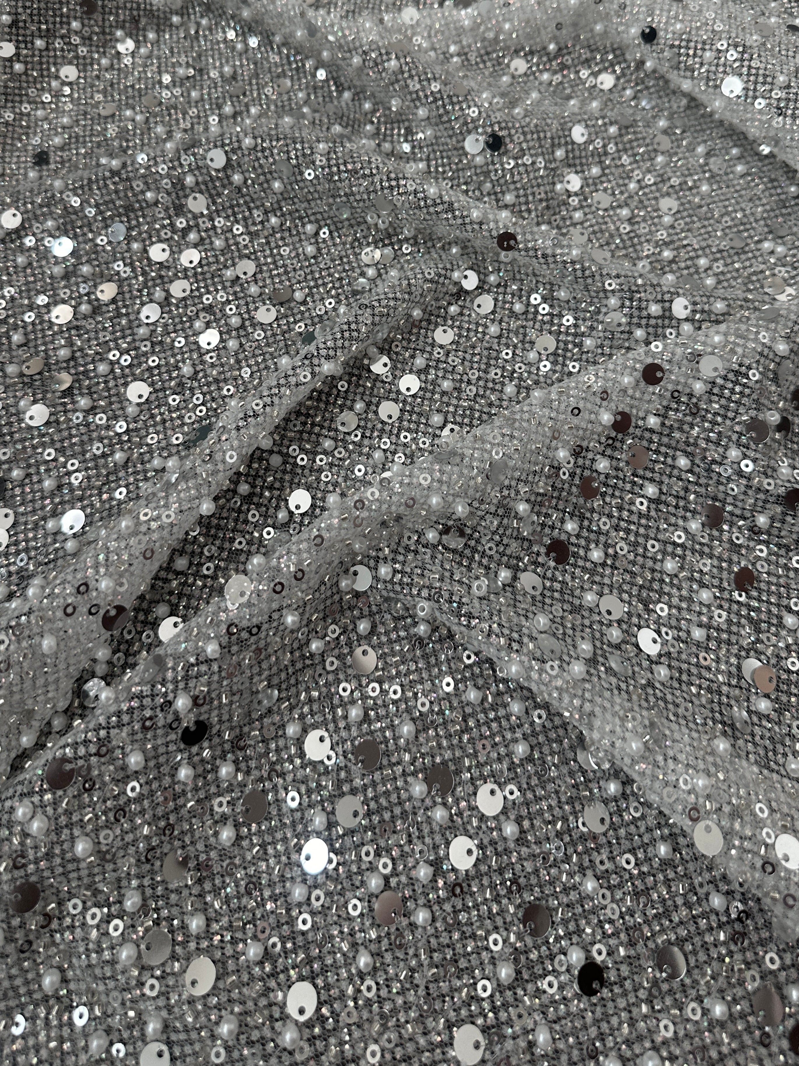 Silver Sequin Pearl Beaded Mesh, Fabric Store, Sewing Store, Cheap Fabric Store, Kiki Textiles, Textile by the Yard