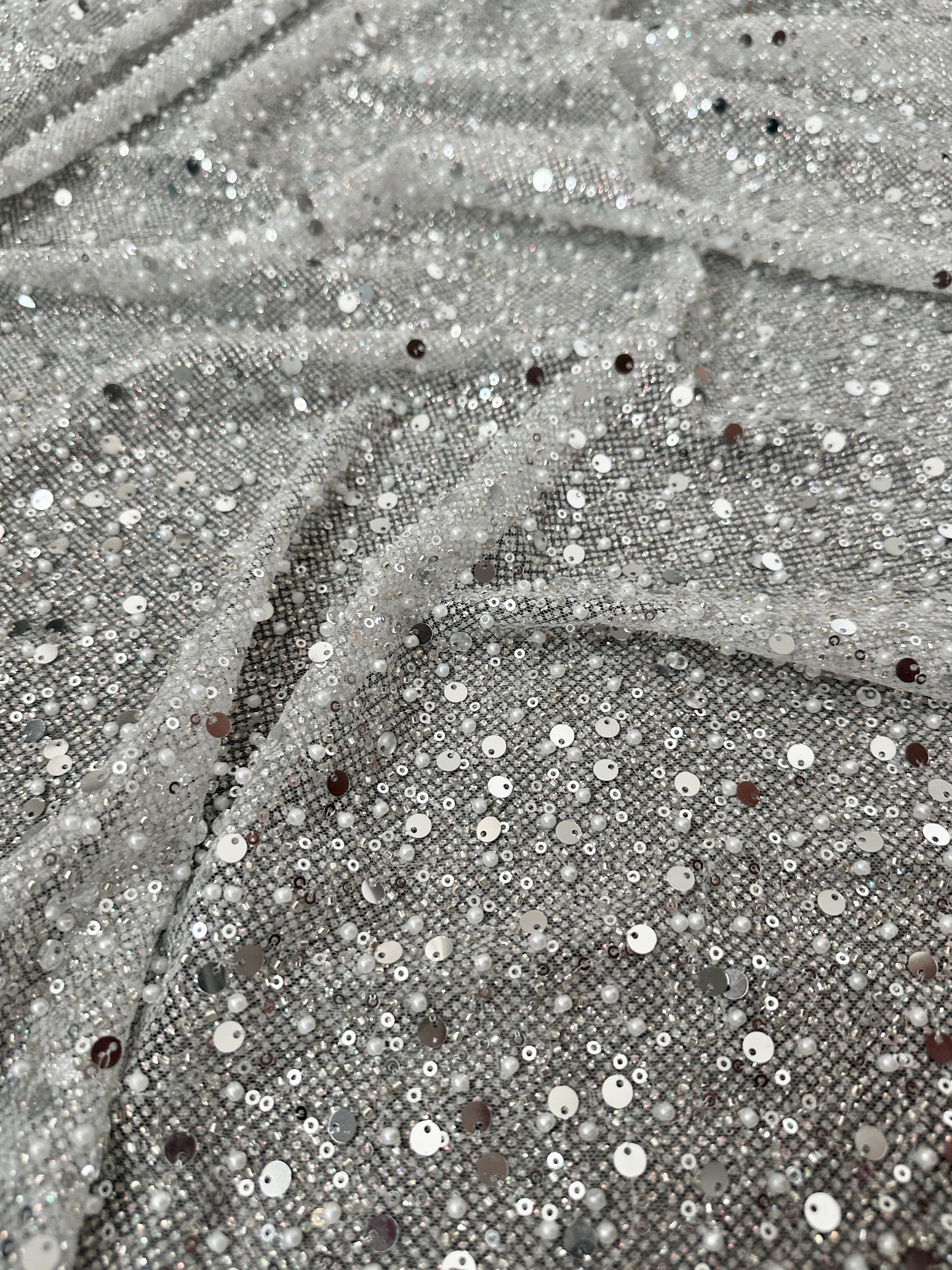 Silver Sequin Pearl Beaded Mesh, Sequin on mesh, Pearl Beaded Mesh, beaded sequin on mesh, pearl beaded fabric, shimmering sequence
