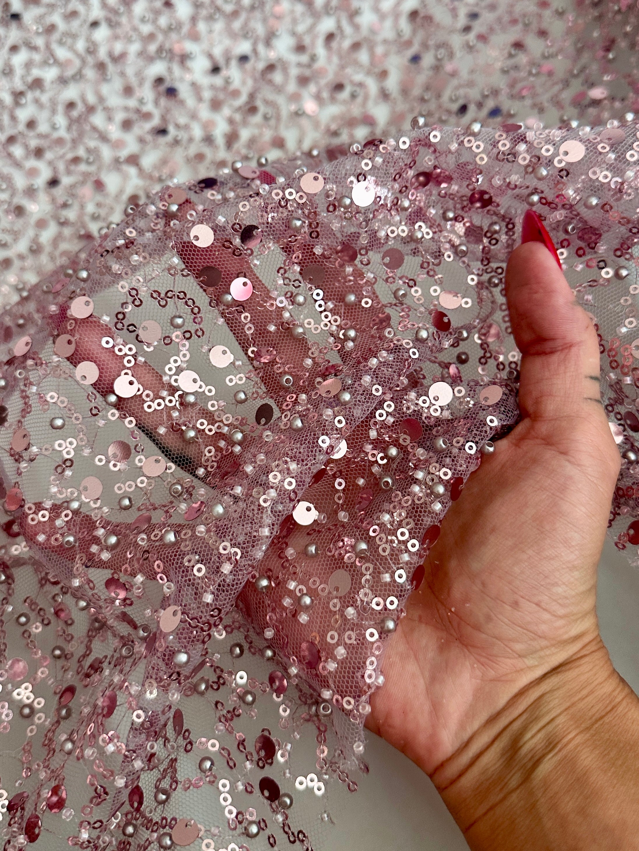 Dusty Pink Sequin Pearl Beaded Mesh, Fabric Store, Sewing Store, Cheap Fabric Store, Kiki Textiles, Textile by the Yard