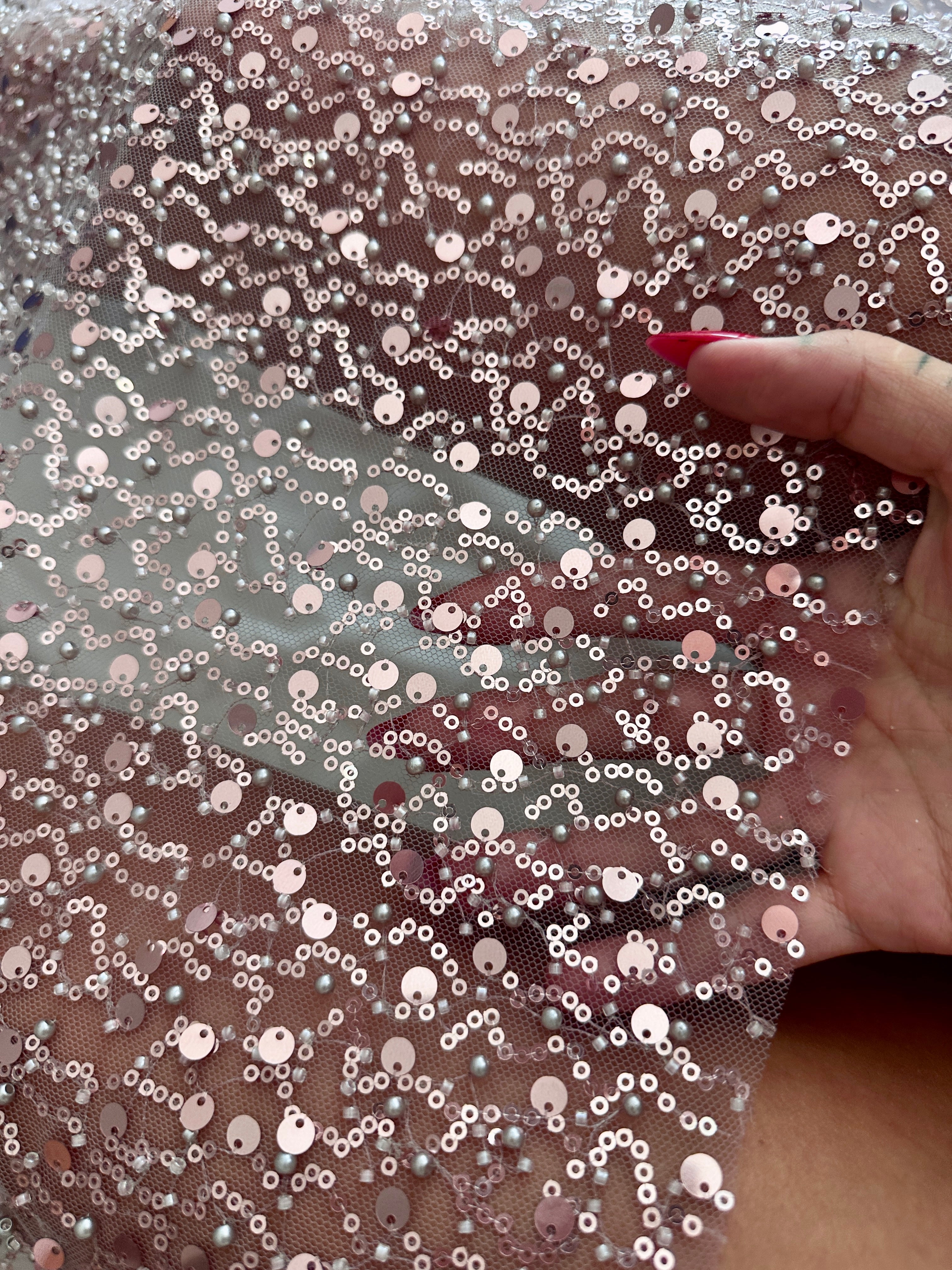 Dusty Pink Sequin Pearl Beaded Mesh, Fabric Store, Sewing Store, Cheap Fabric Store, Kiki Textiles, Textile by the Yard