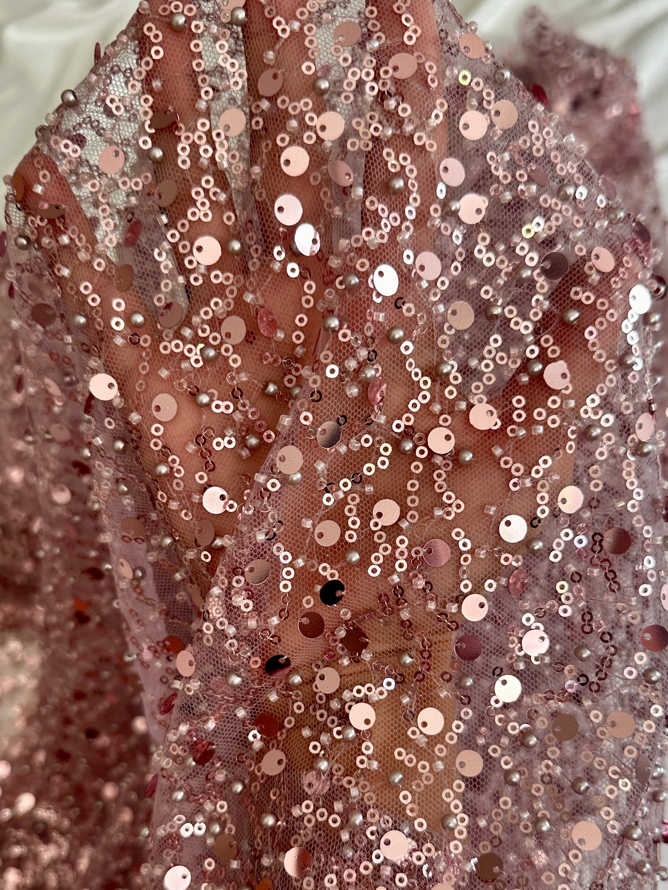 Dusty Pink Sequin Pearl Beaded Mesh, Sequin on mesh, Pearl Beaded Mesh, beaded sequin on mesh, pearl beaded fabric, shimmering sequins