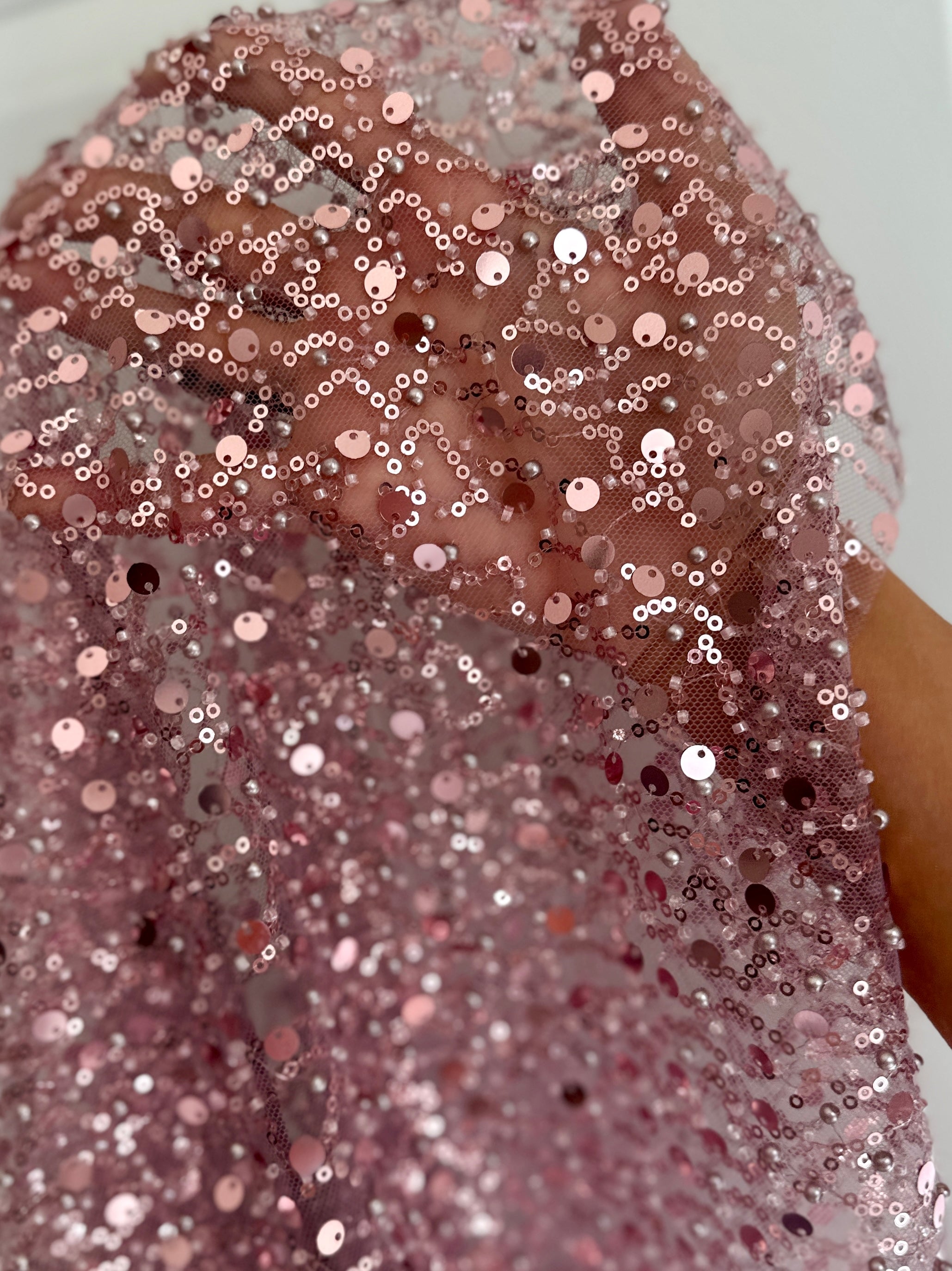 Dusty Pink Sequin Pearl Beaded Mesh, Fabric Store, Sewing Store, Cheap Fabric Store, Kiki Textiles, Textile by the Yard