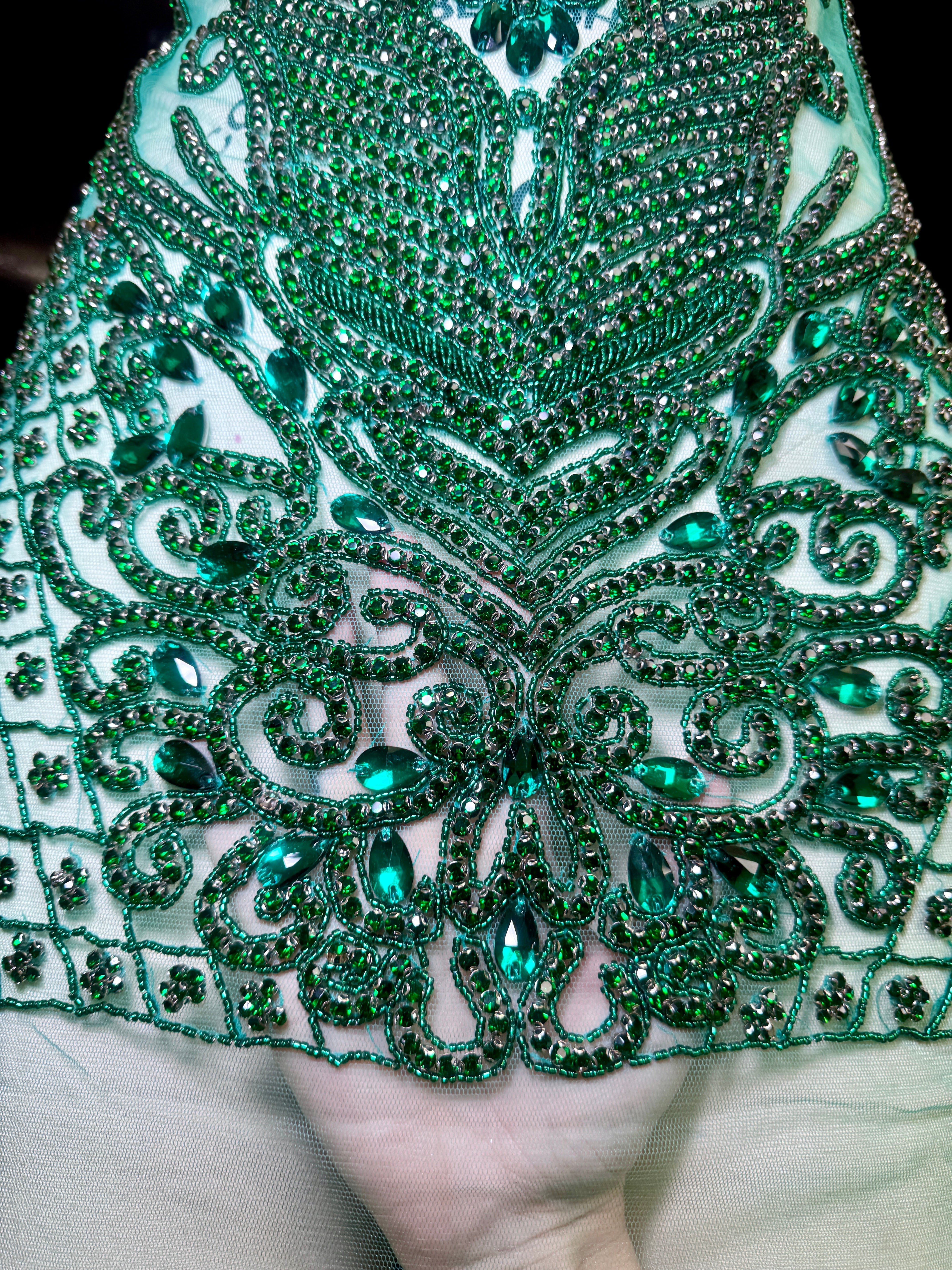 Brenda Emerald Green Rhinestone Bodice Applique, online textile store, sewing, fabric store, sewing store, cheap fabric store, kiki textiles