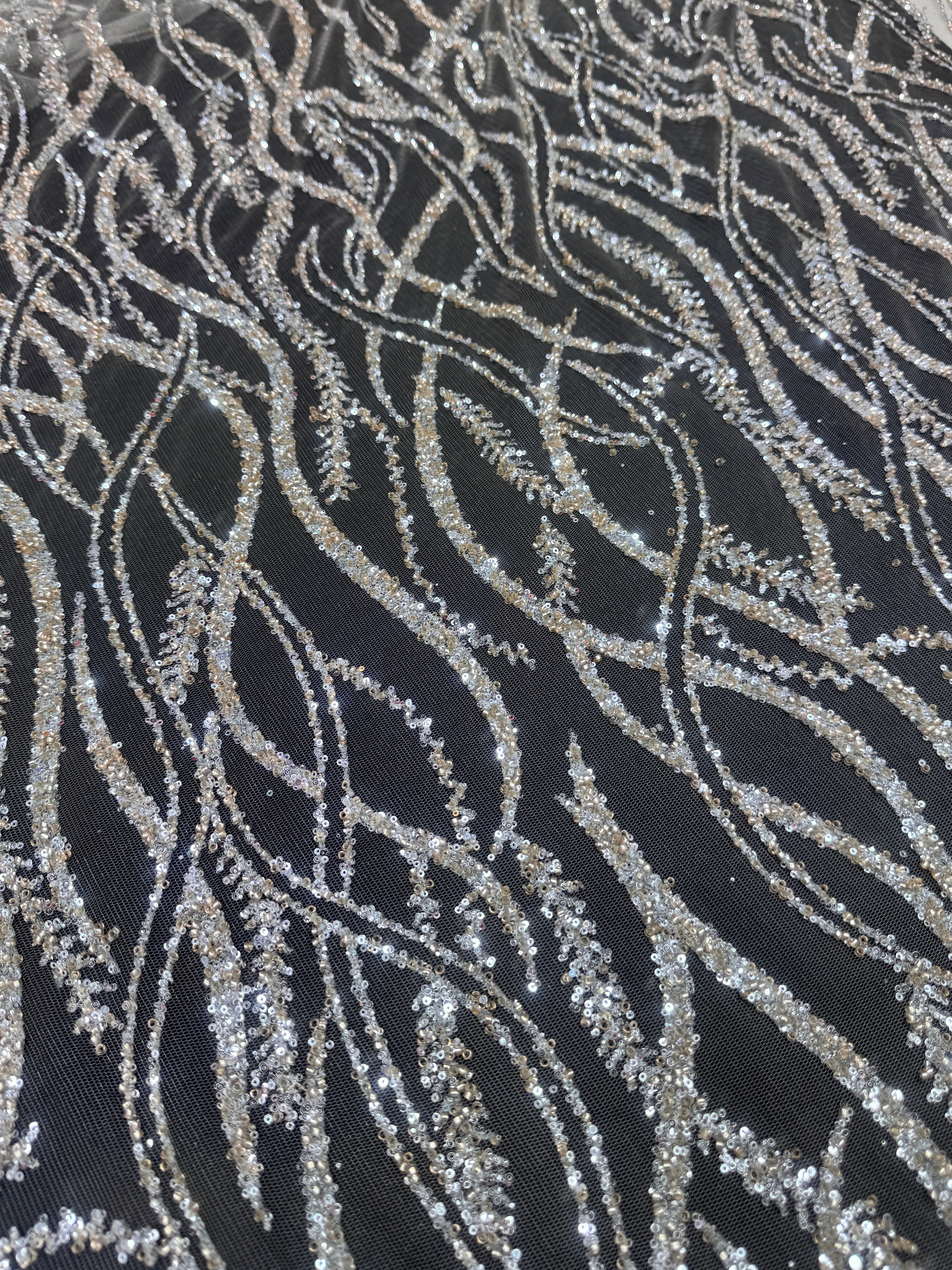 Gold Silver Wave Design Glitter Lace Mesh, online textile store, sewing, fabric store, sewing store, cheap fabric store, kiki textiles