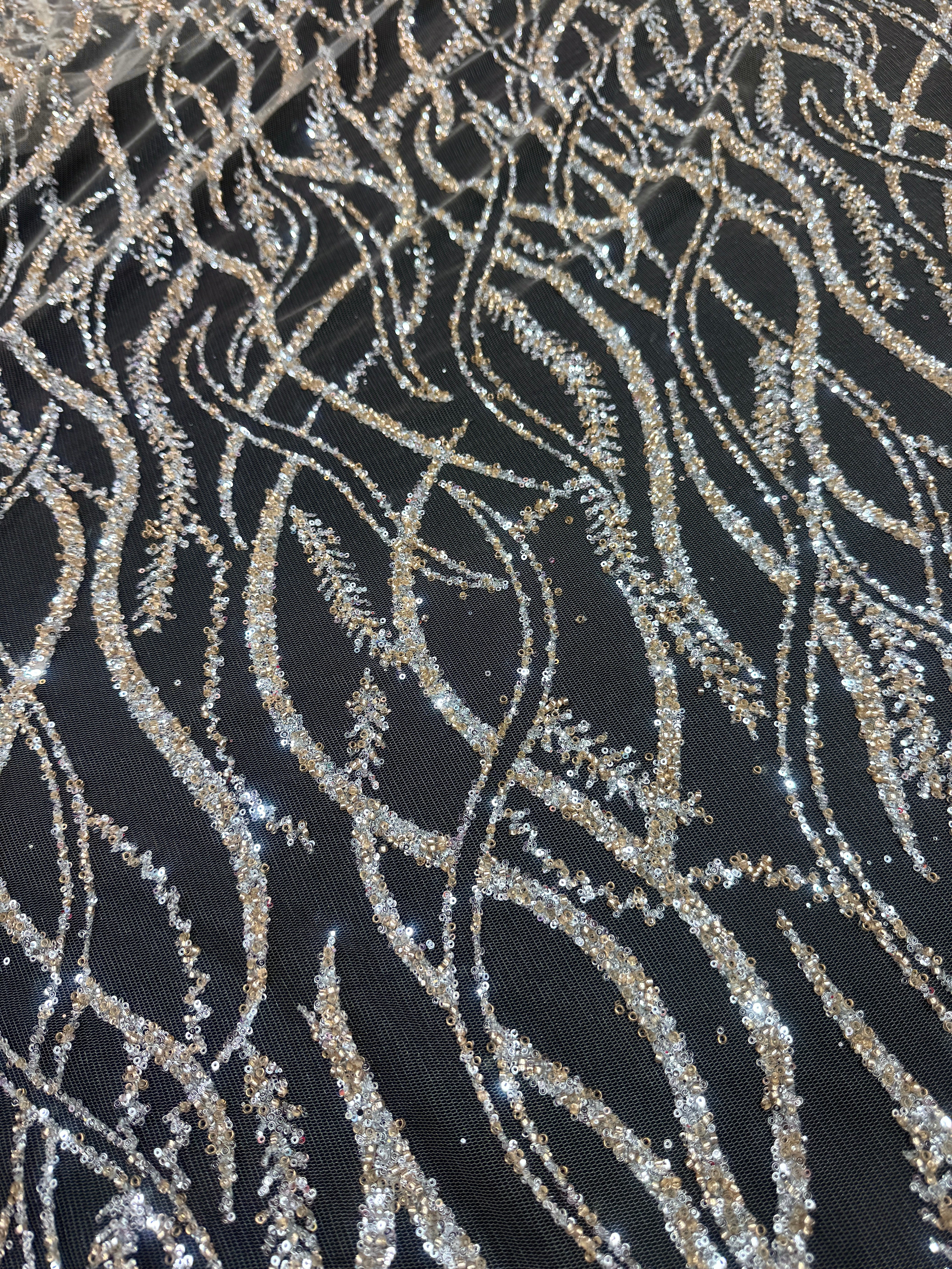 Gold Silver Wave Design Glitter Lace Mesh, online textile store, sewing, fabric store, sewing store, cheap fabric store, kiki textiles