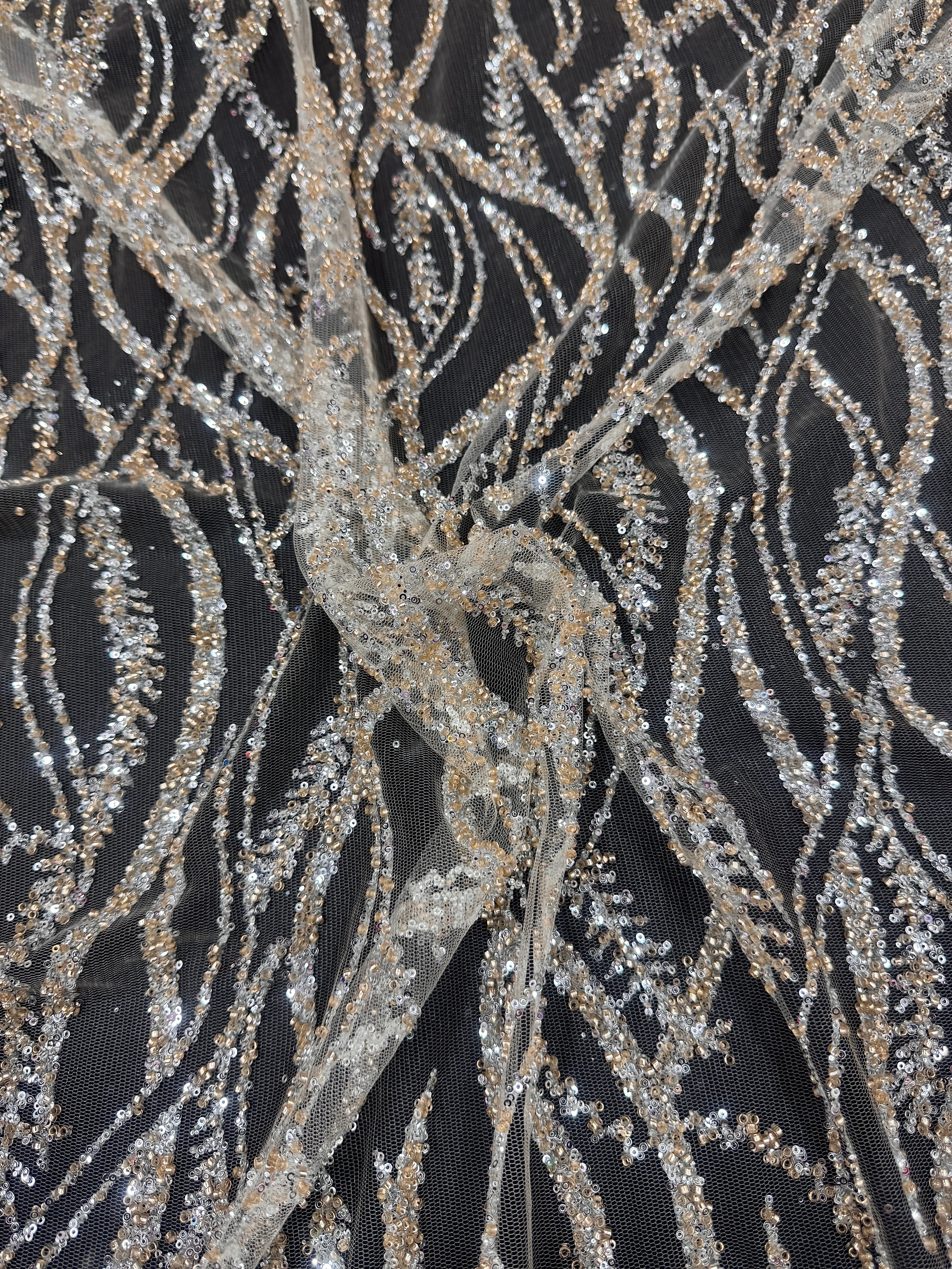 Gold Silver Wave Design Glitter Lace Mesh, gold lace mesh, nude lace mesh, lace mesh for woman, lace mesh for bride, lace mesh on sale, lace mesh on discount