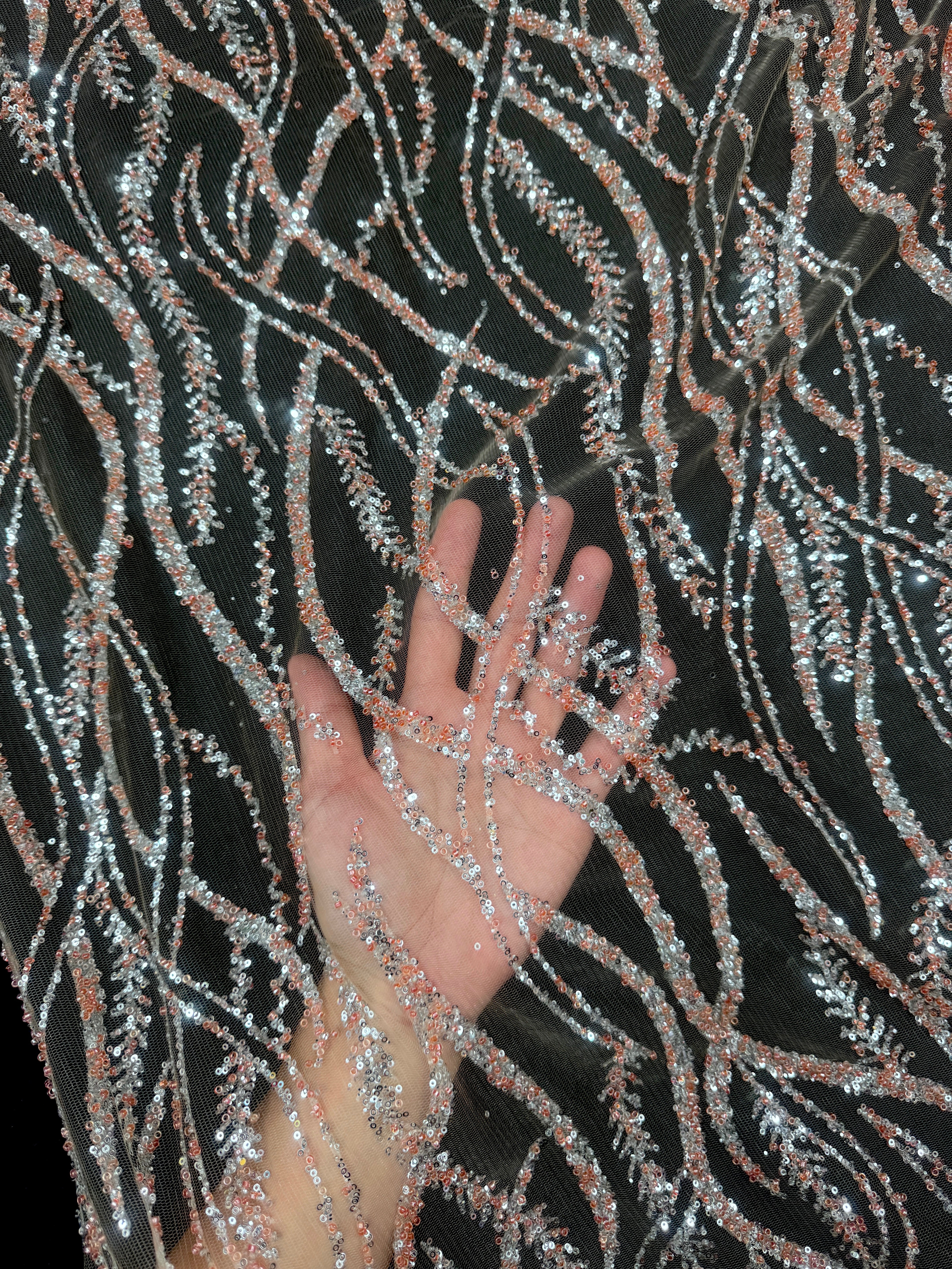 Peach-Silver Wave Design Glitter Lace Mesh, online textile store, sewing, fabric store, sewing store, cheap fabric store, kiki textiles