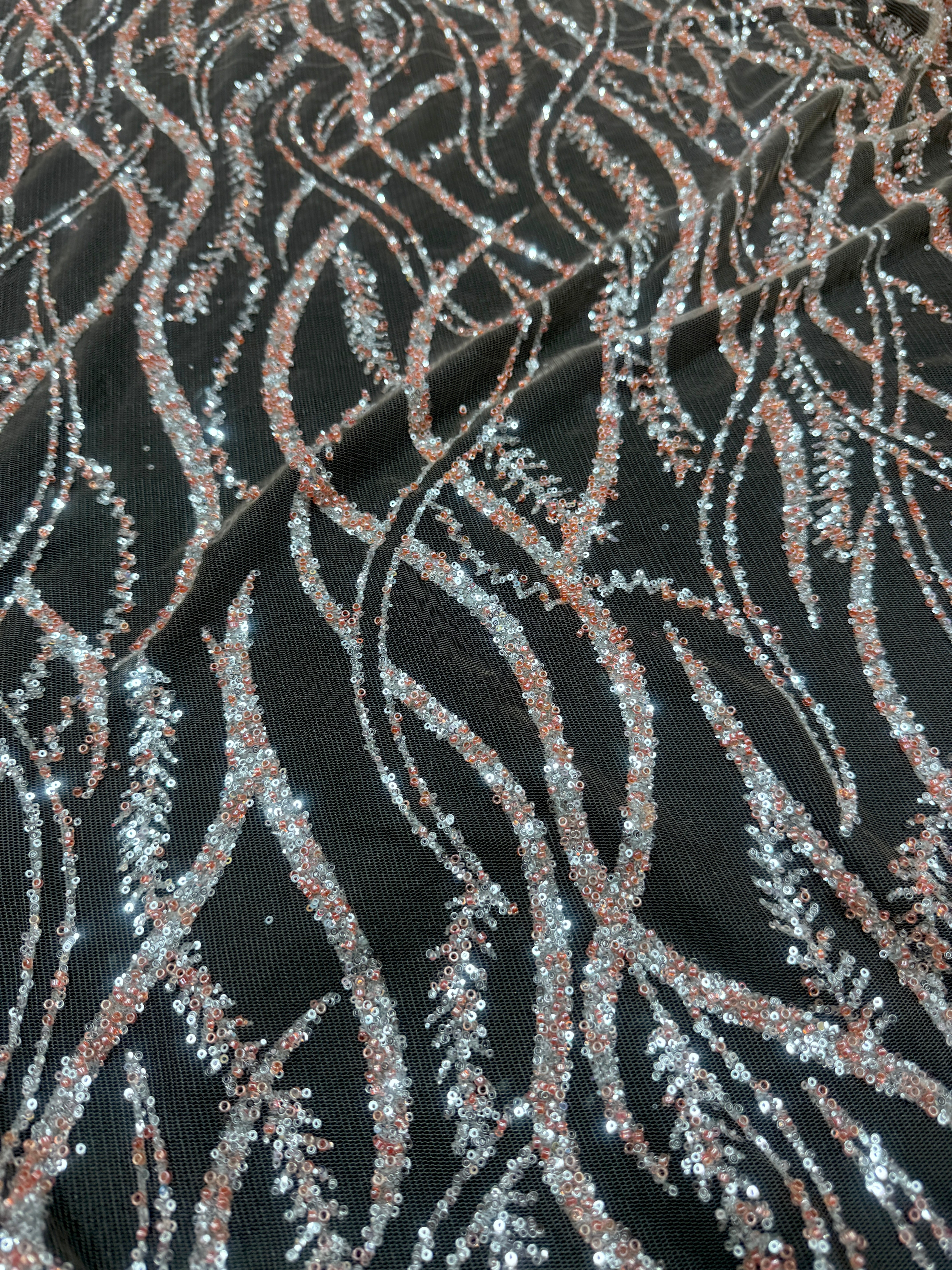 Peach-Silver Wave Design Glitter Lace Mesh, online textile store, sewing, fabric store, sewing store, cheap fabric store, kiki textiles