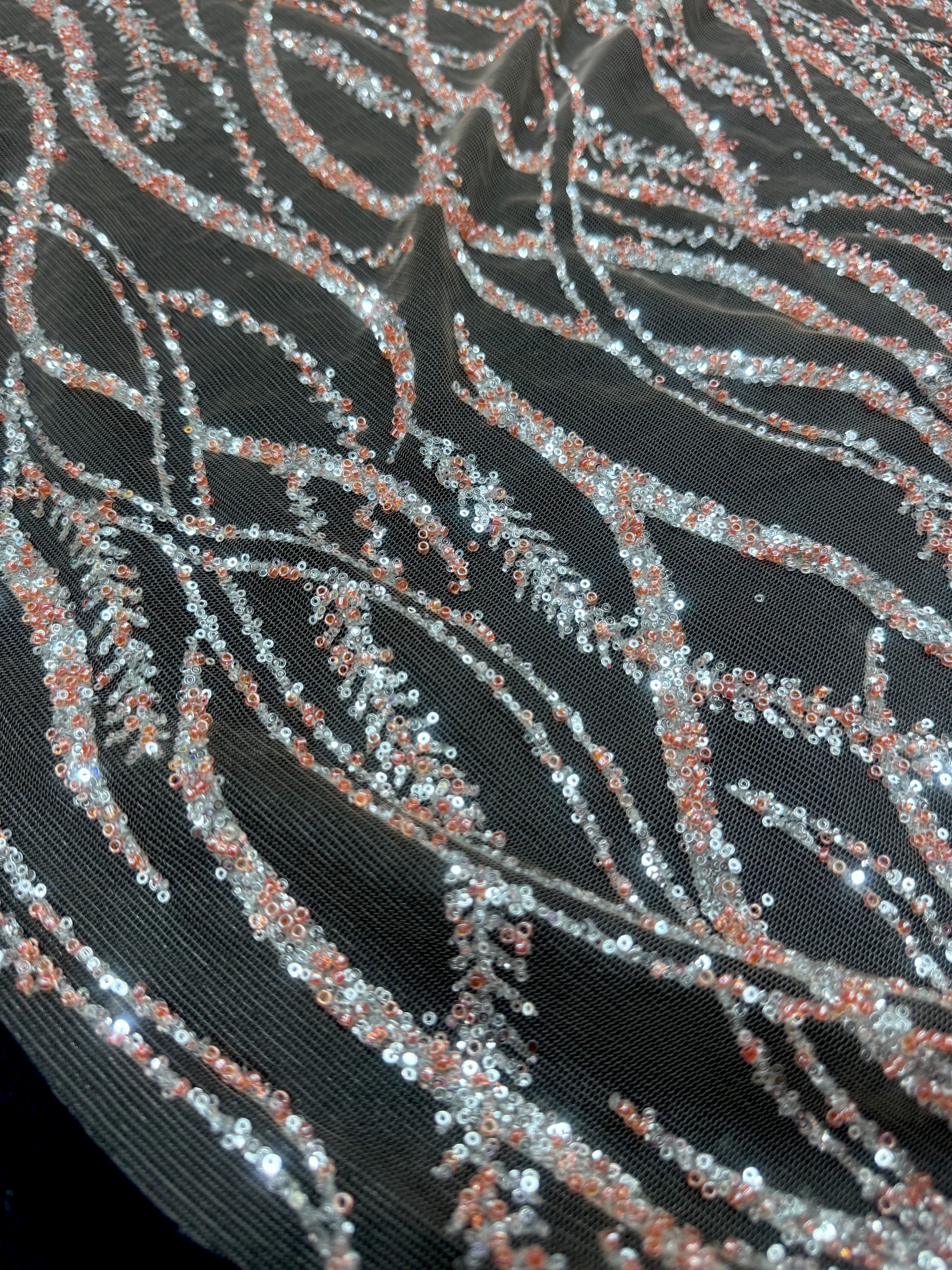 Peach-Silver Wave Design Glitter Lace Mesh, online textile store, sewing, fabric store, sewing store, cheap fabric store, kiki textiles