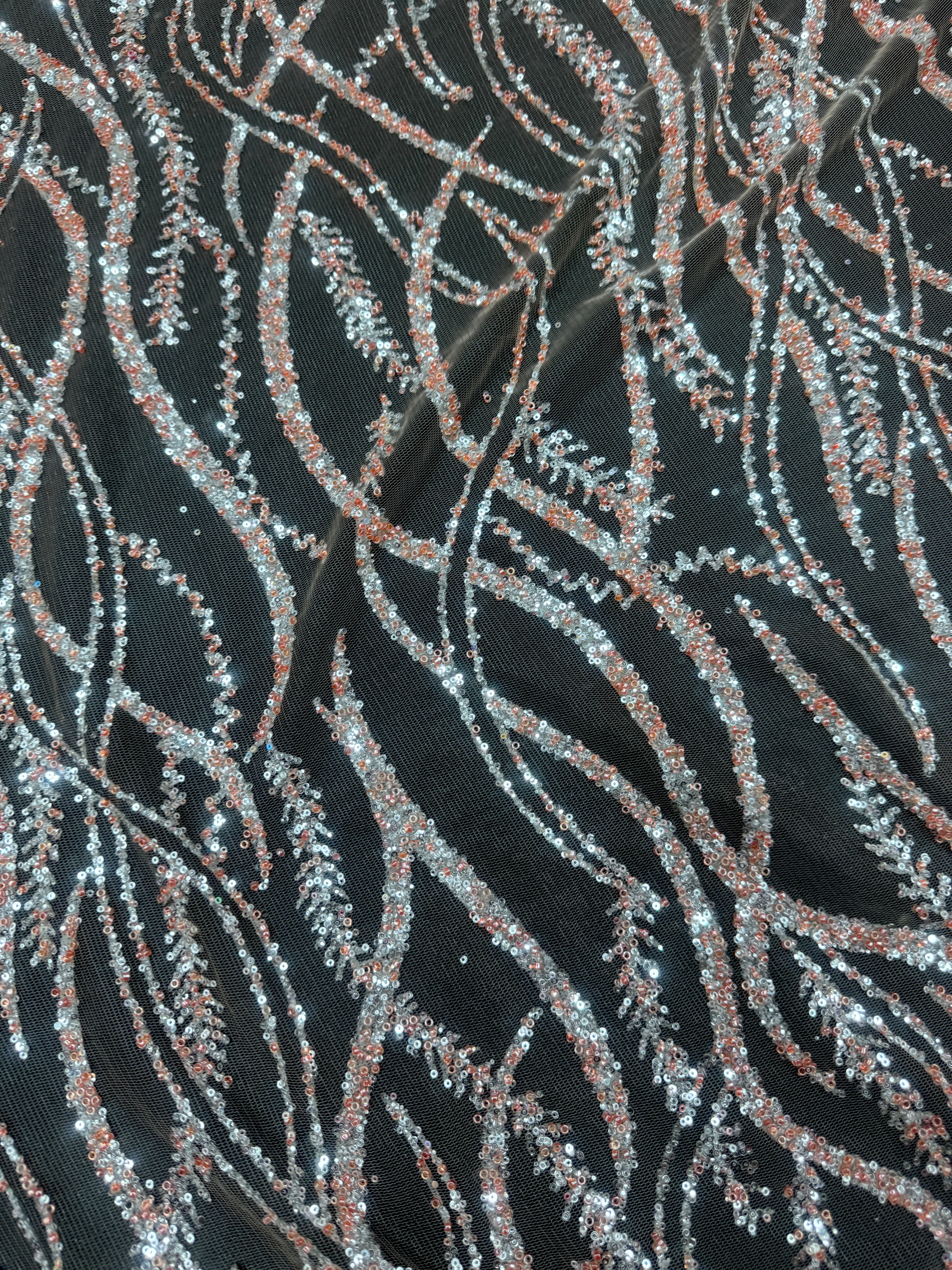 Peach-Silver Wave Design Glitter Lace Mesh, online textile store, sewing, fabric store, sewing store, cheap fabric store, kiki textiles