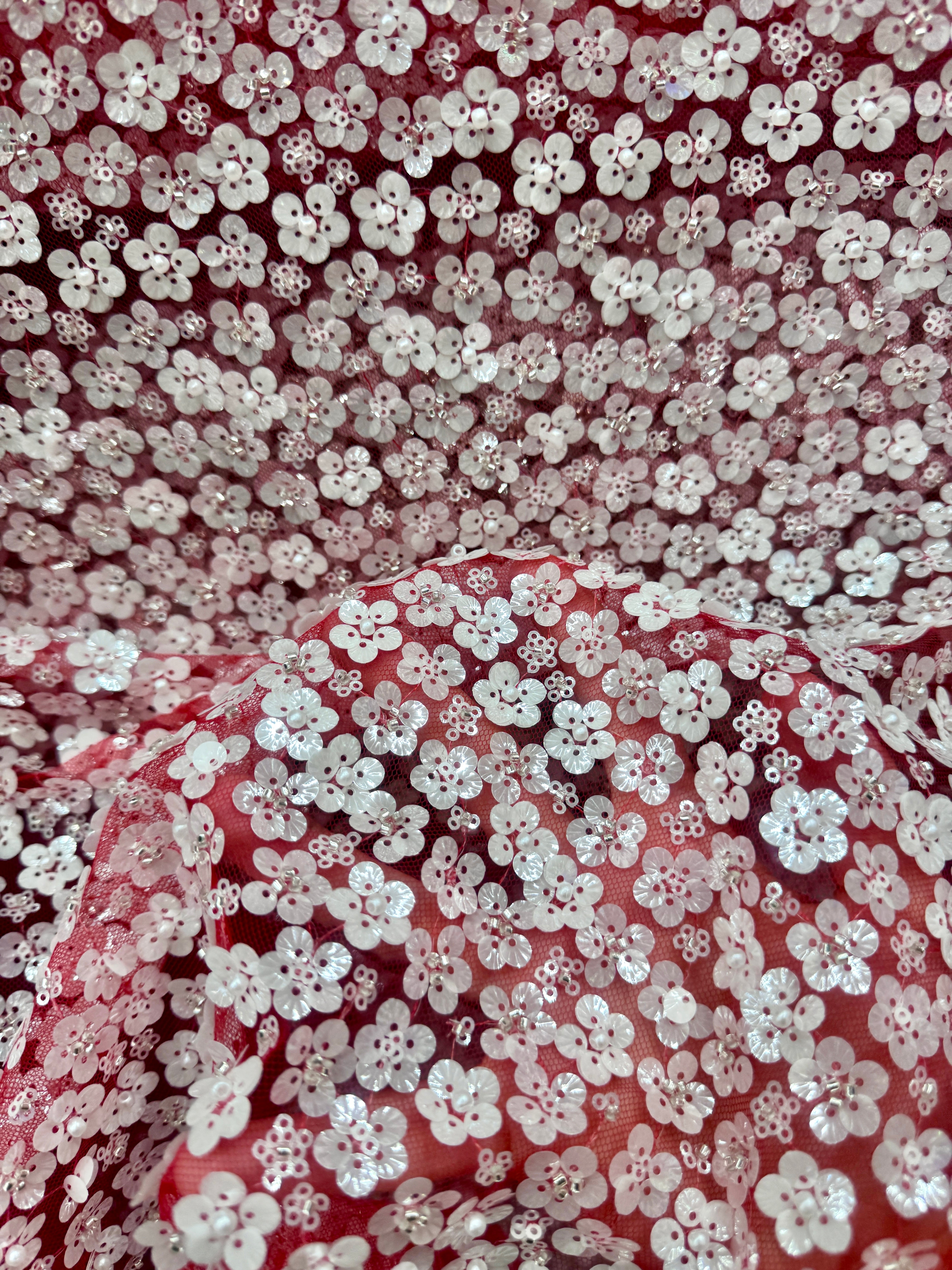 3D White Sequin Flowers on Red Mesh, Red Mesh, nude lace mesh, lace mesh for woman, lace mesh for bride, lace mesh on sale, lace mesh on discount